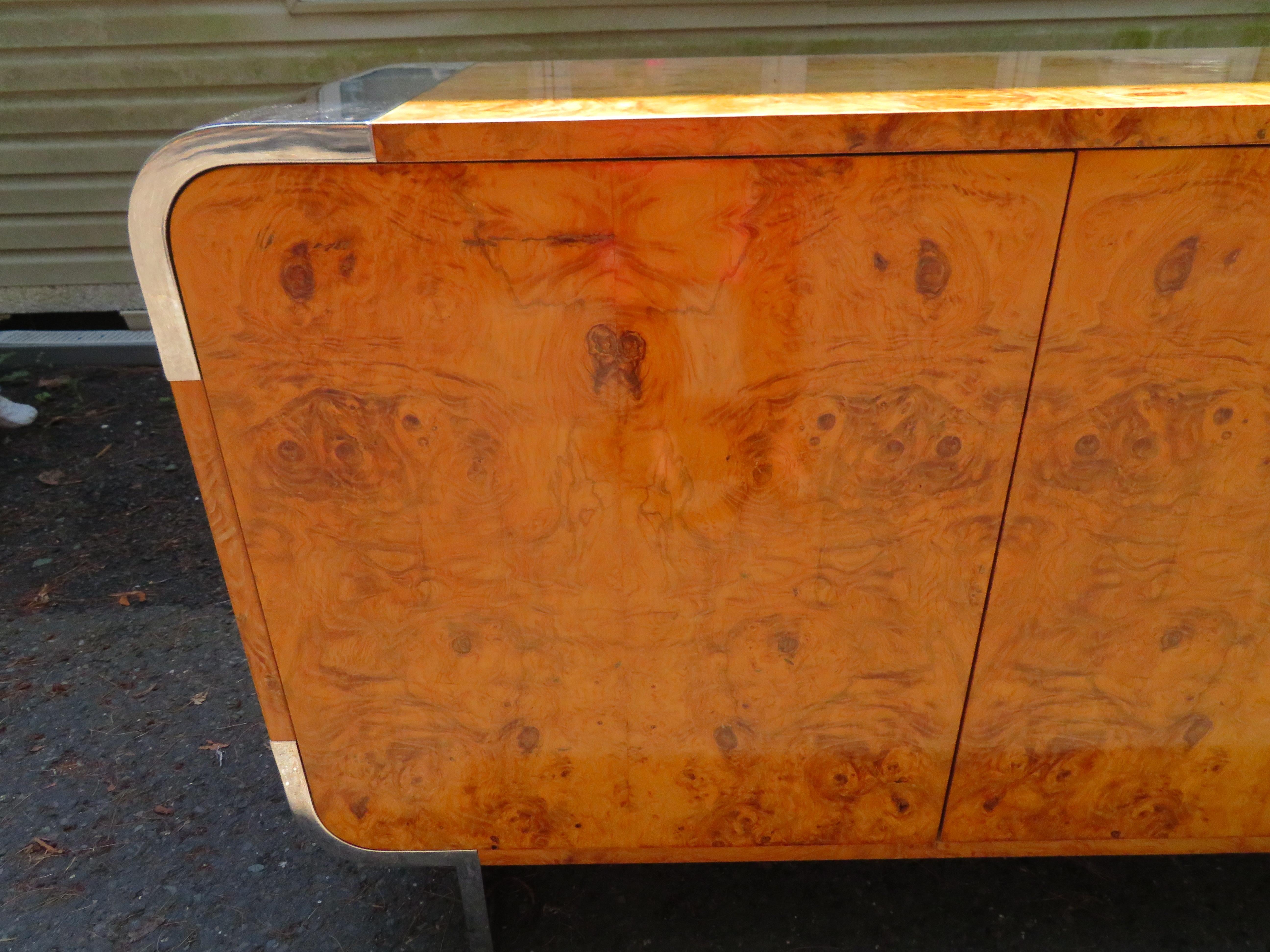 Outstanding Pace Collection Burl and Chrome Credenza Leon Rosen For Sale 2
