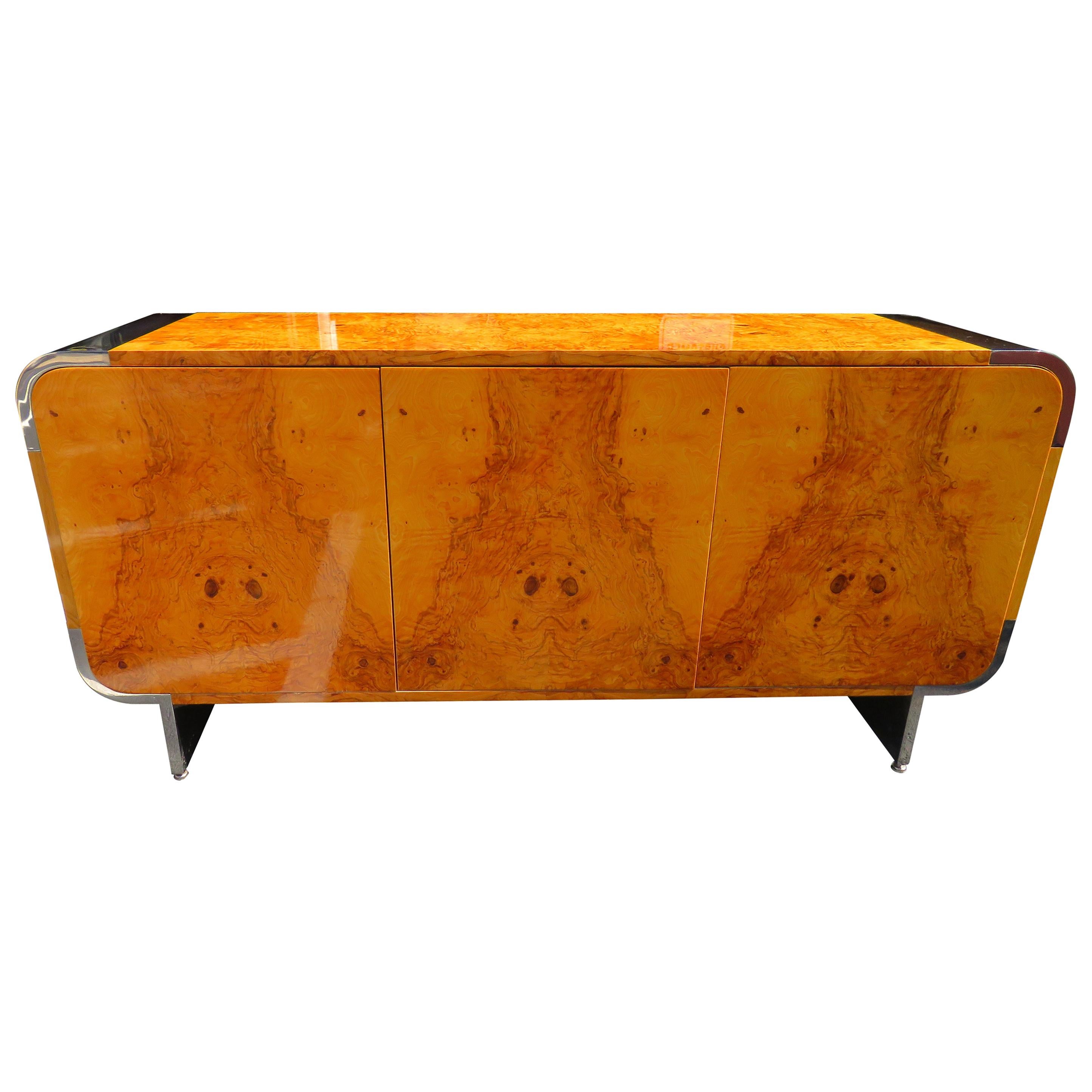 Outstanding Pace Collection Burl and Chrome Credenza Leon Rosen