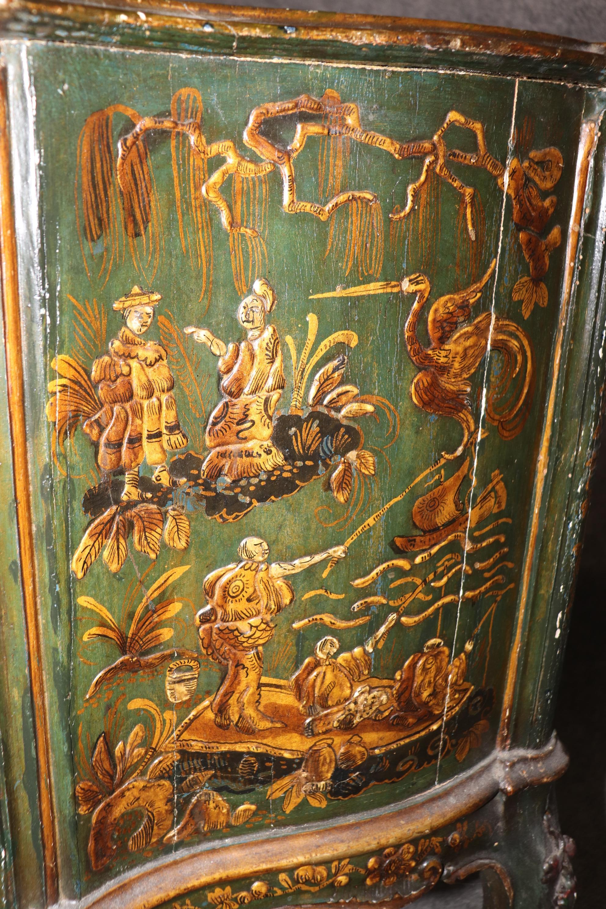 Outstanding Pair 18th Century Italian Chinoiserie Paint Decorated Commodes For Sale 7