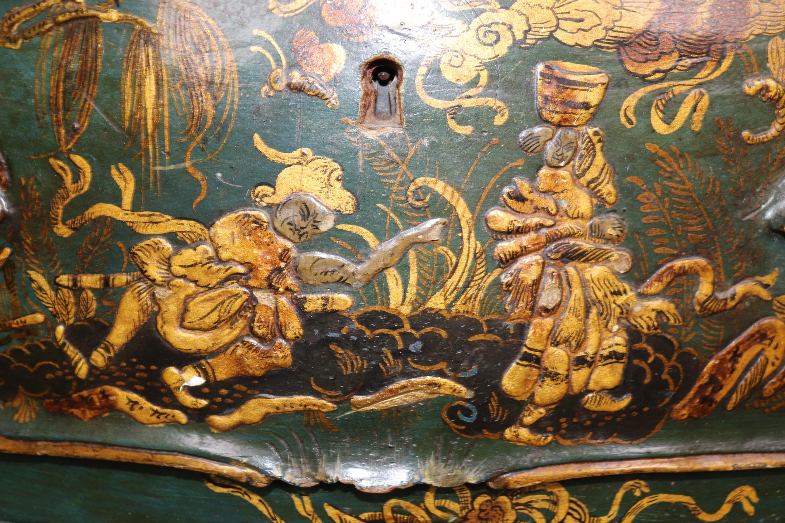 Outstanding Pair 18th Century Italian Chinoiserie Paint Decorated Commodes For Sale 9