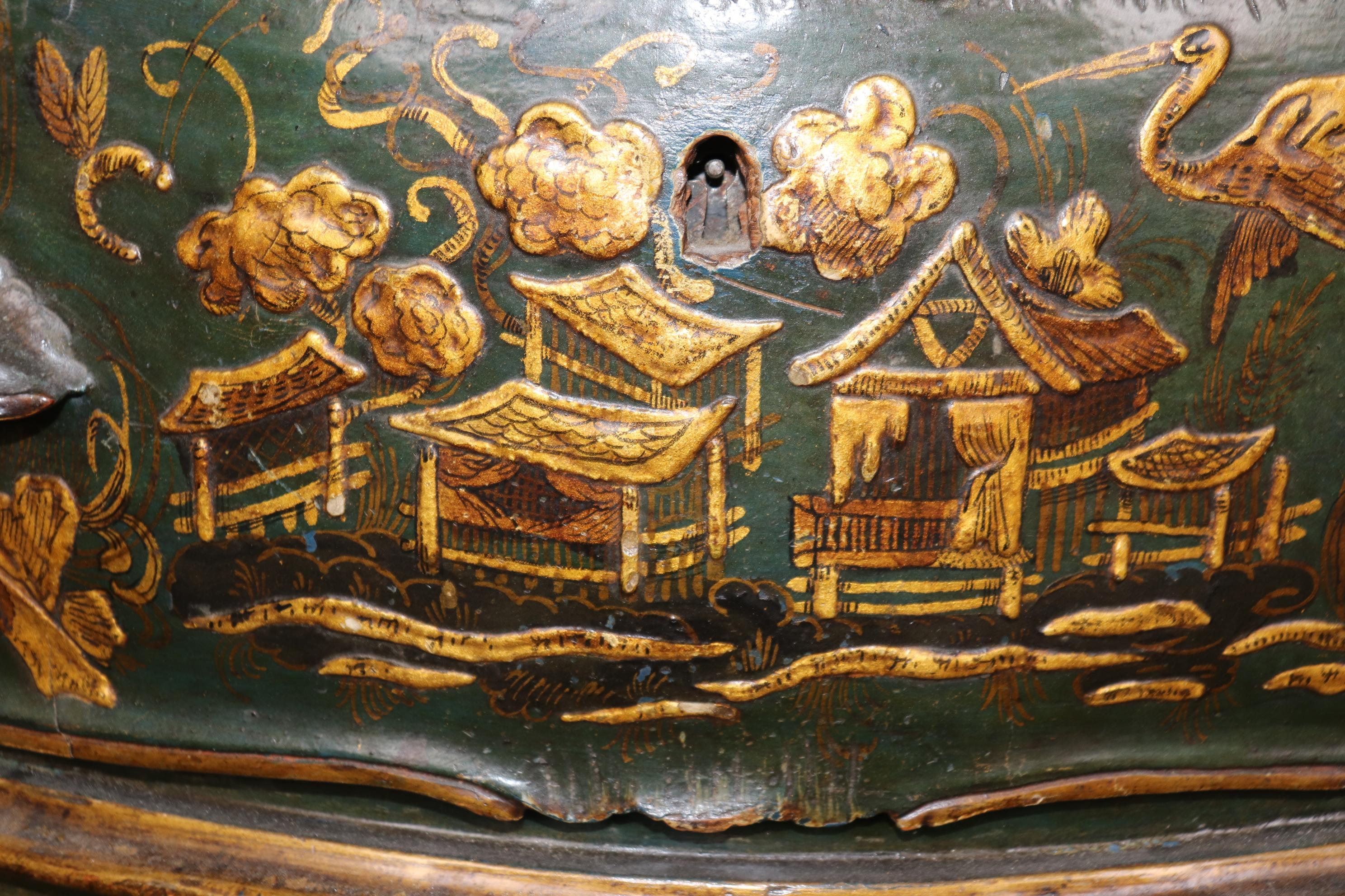 Outstanding Pair 18th Century Italian Chinoiserie Paint Decorated Commodes For Sale 11