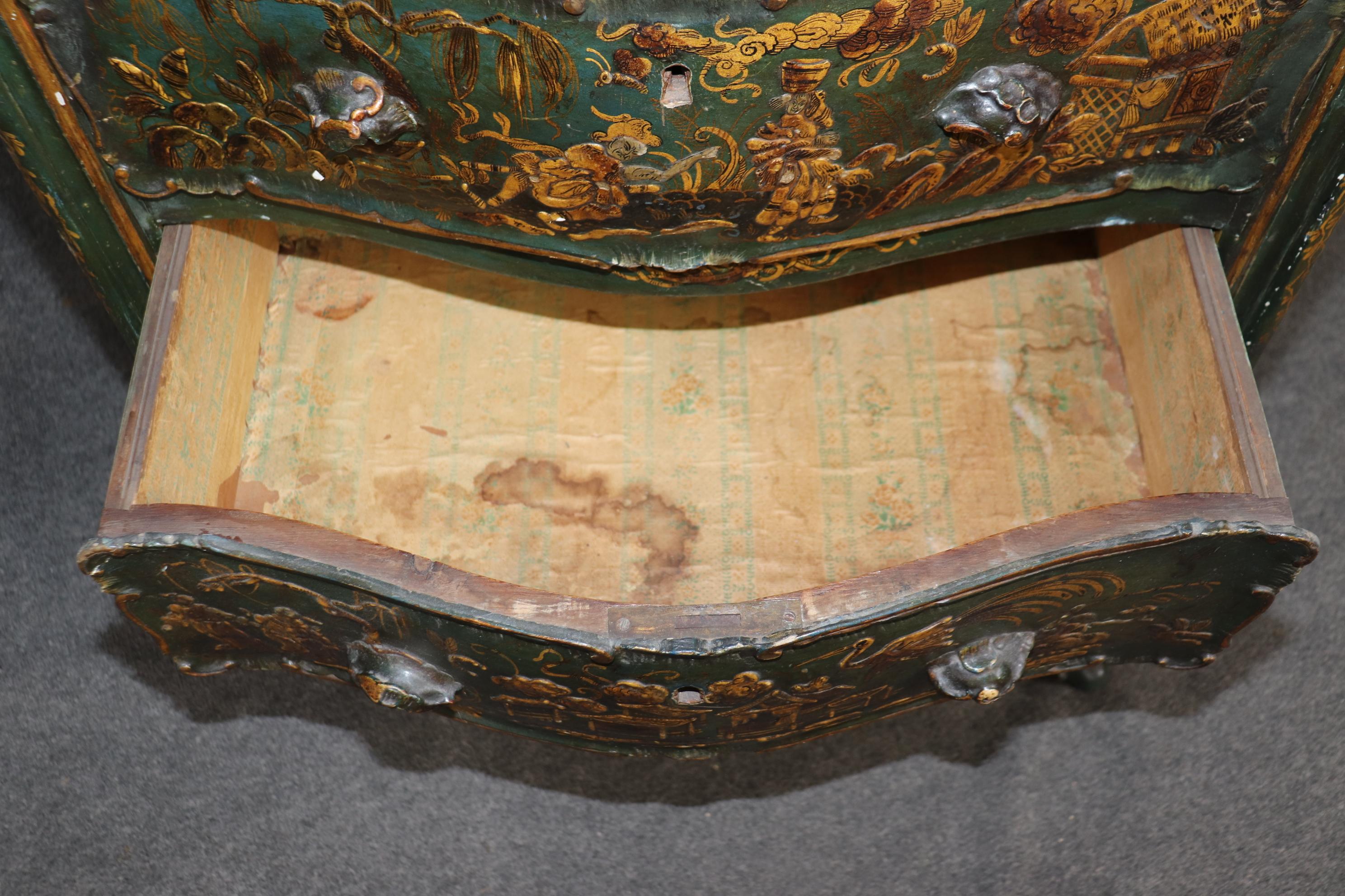 Outstanding Pair 18th Century Italian Chinoiserie Paint Decorated Commodes For Sale 12