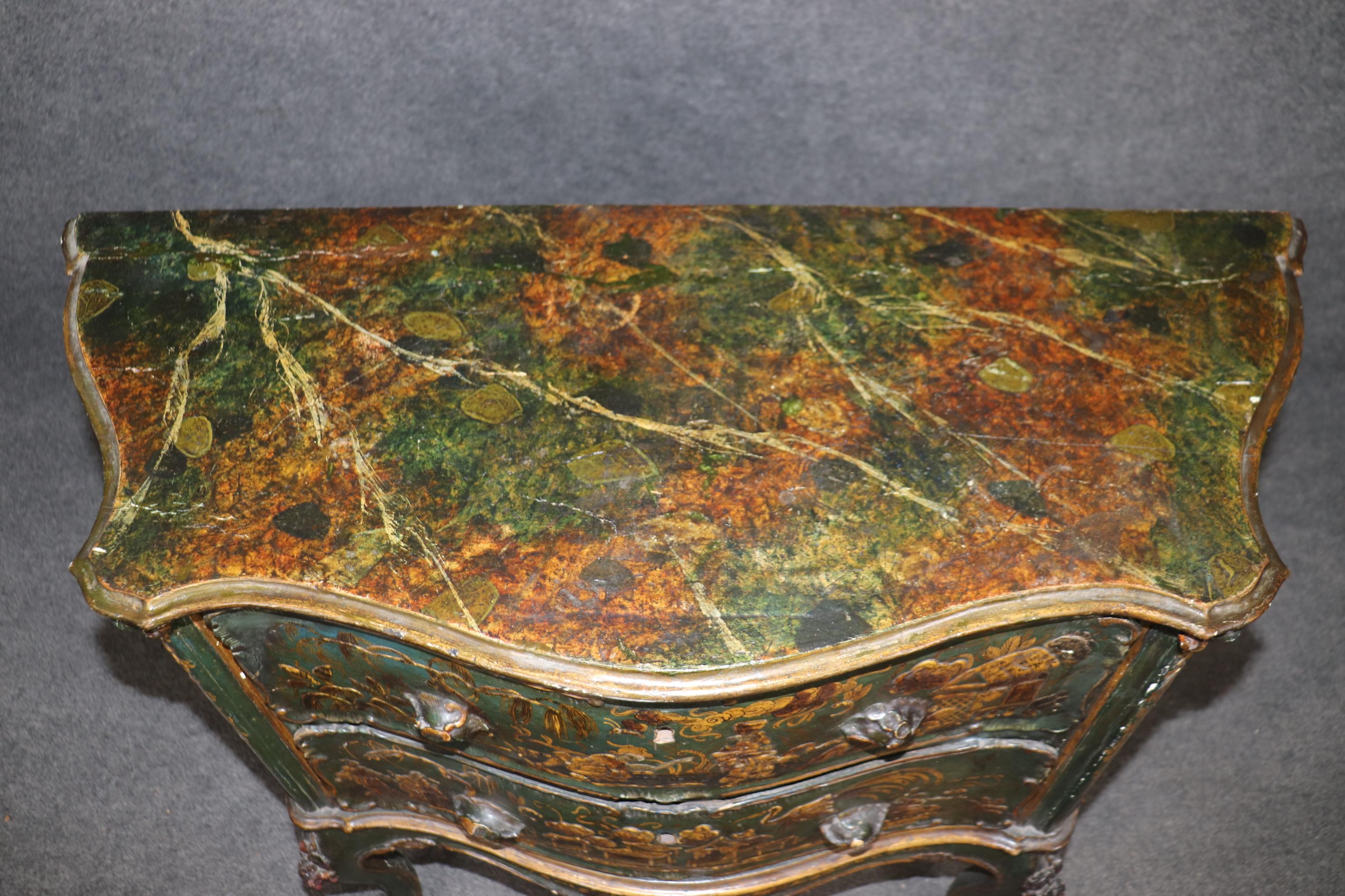 This is an outstanding pair of gorgeous Chinoiserie painted commodes that are of the period of Louis XV and made in Italy which made their own unique variations of Louis XV furniture and added painted scenery of Chinese pastures and towns with