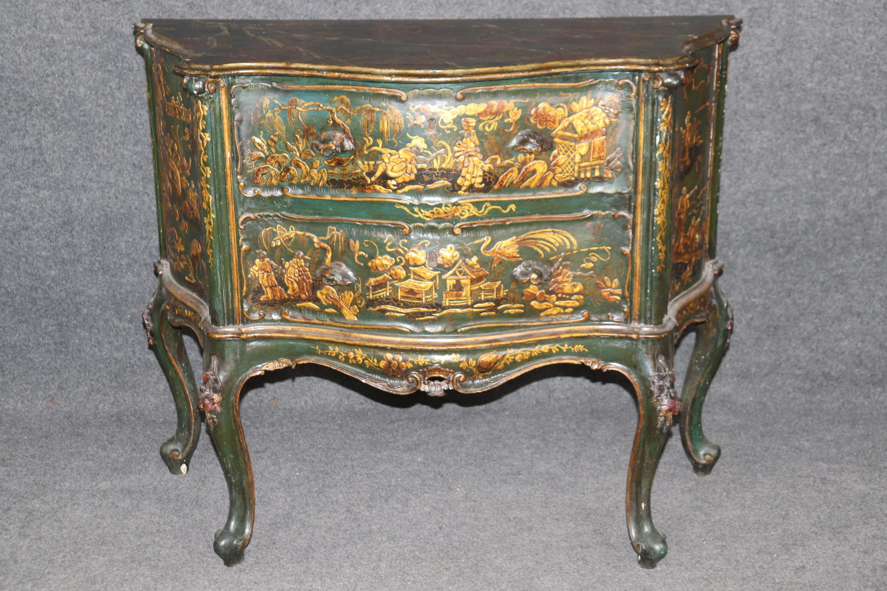 Walnut Outstanding Pair 18th Century Italian Chinoiserie Paint Decorated Commodes For Sale