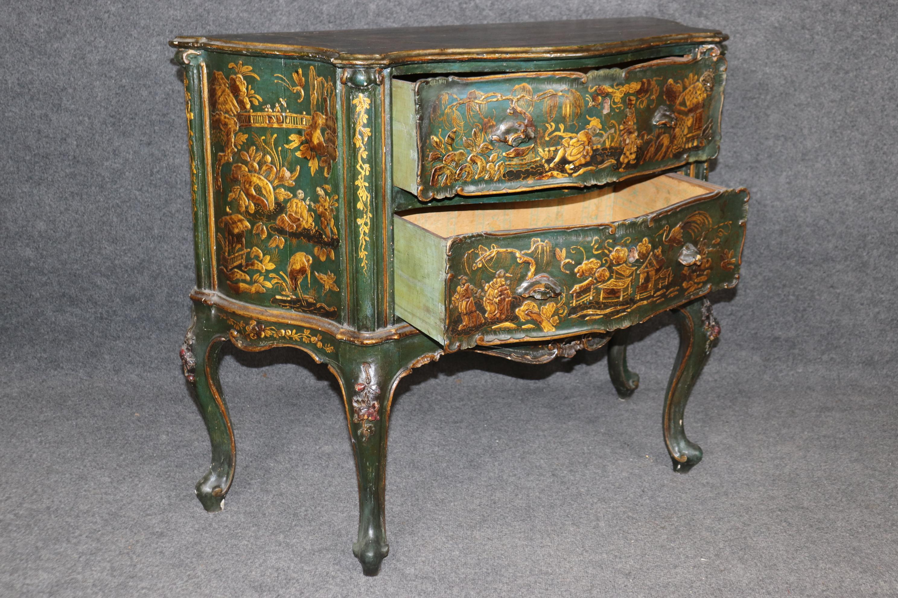 Outstanding Pair 18th Century Italian Chinoiserie Paint Decorated Commodes For Sale 1