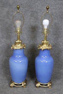 Outstanding Pair Bronze French Rococo Cobalt Blue Porcelain Table Lamps