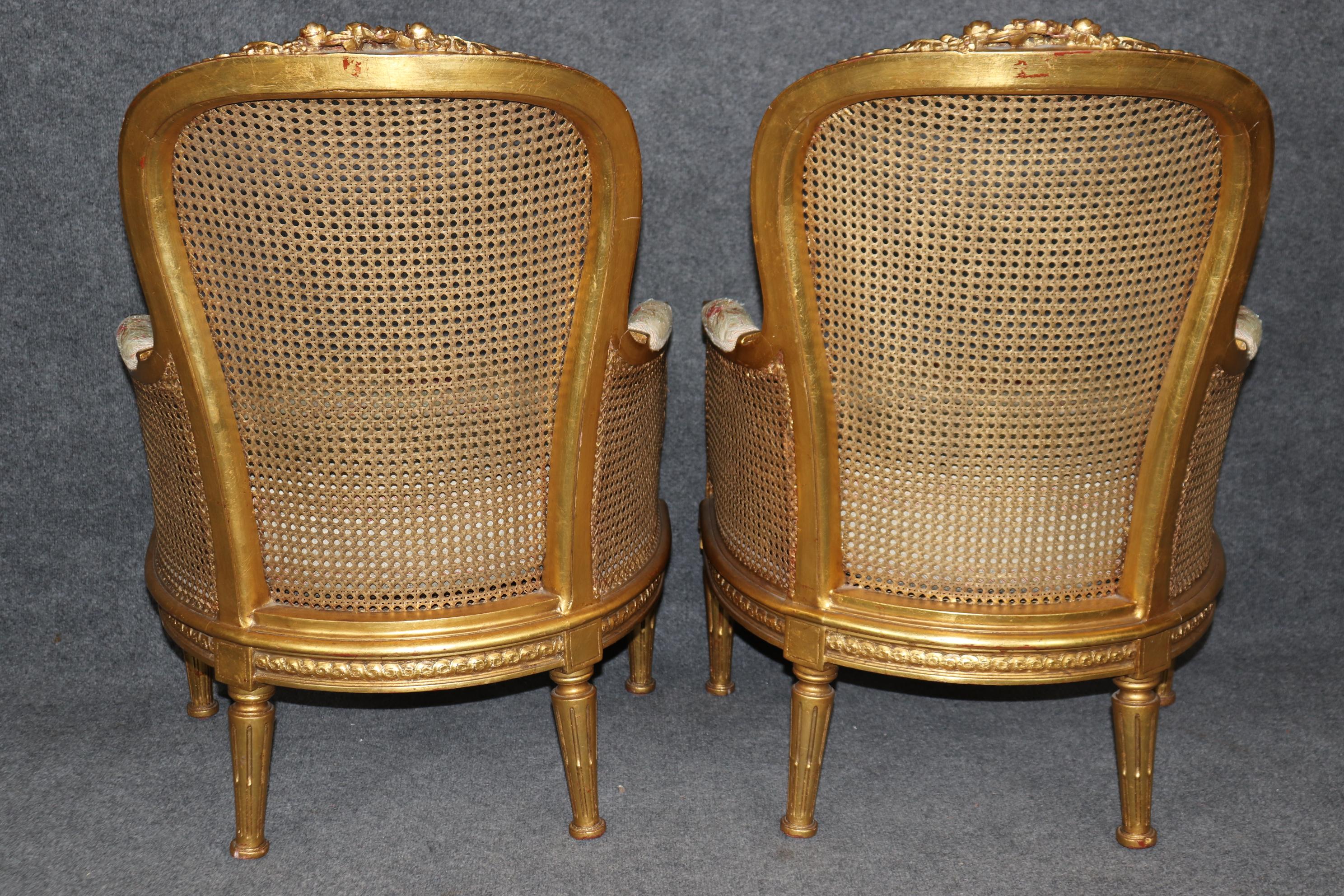 Early 20th Century Outstanding Pair Luminous French Giltwood Cane Louis XVI Bergere Chairs