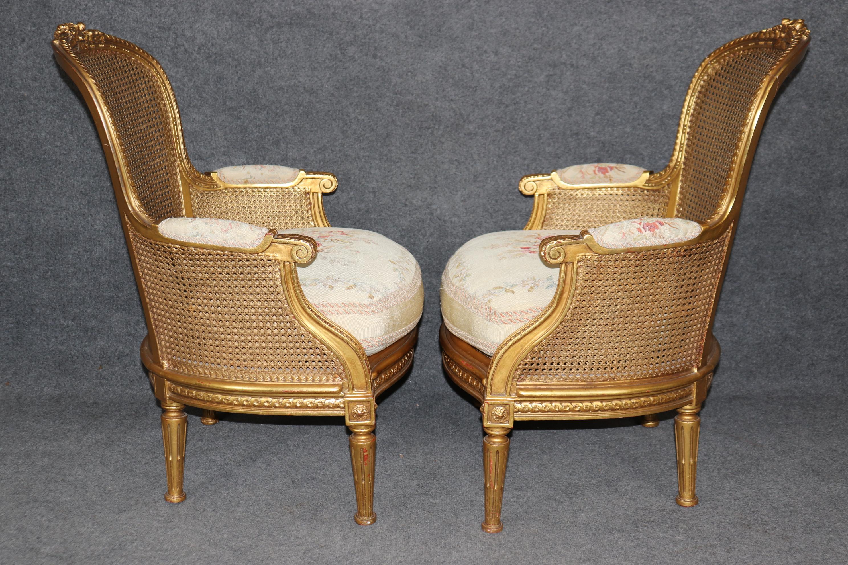 Outstanding Pair Luminous French Giltwood Cane Louis XVI Bergere Chairs 1