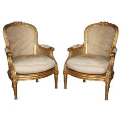 Outstanding Pair Luminous French Giltwood Cane Louis XVI Bergere Chairs