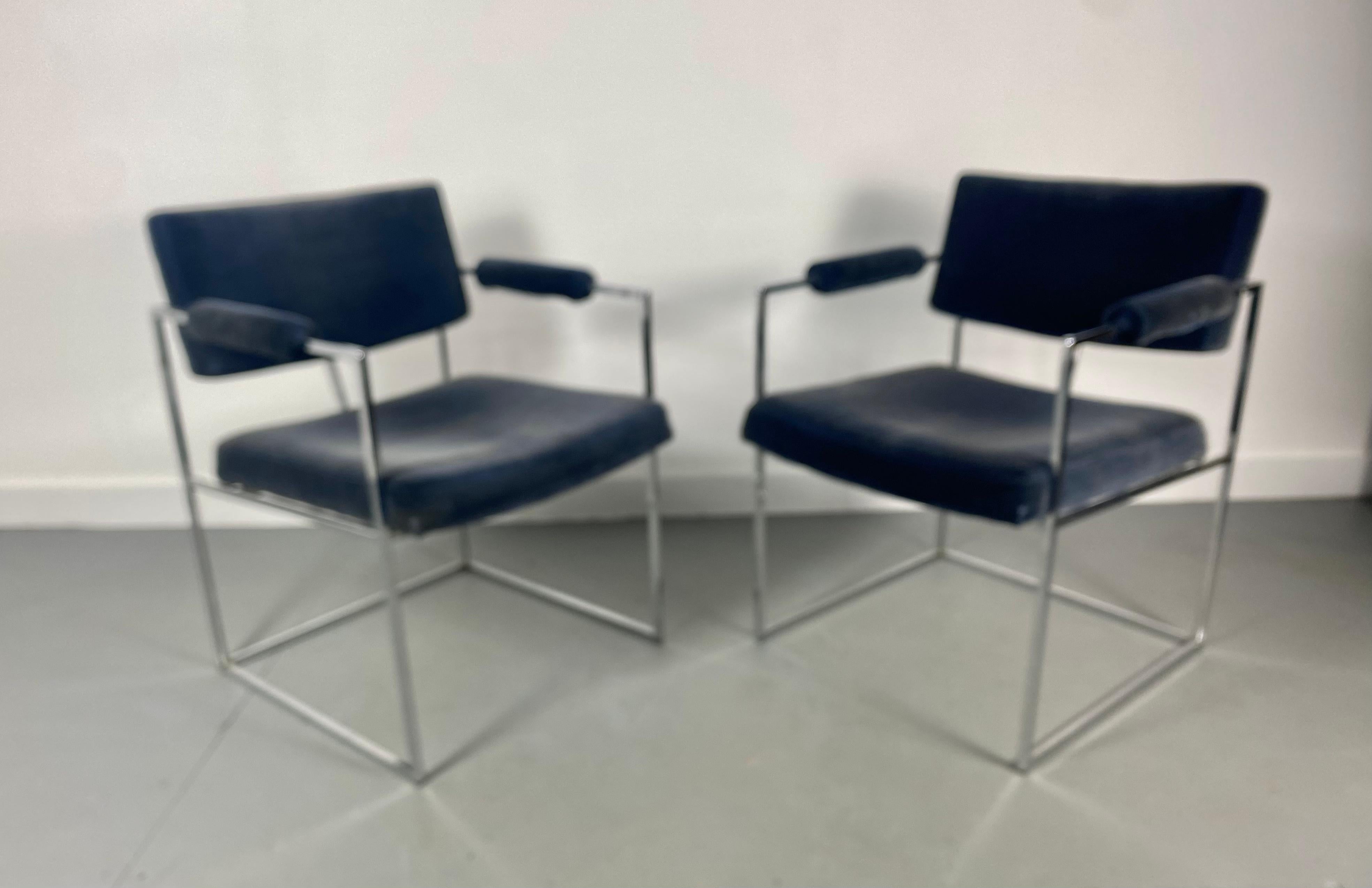 Outstanding pair Milo Baughman chrome dining/ lounge chairs, Mid-Century Modern, classic, elegant lines. Retains original blue/grey velvet upholstery. Extremely comfortable. Hand delivery avail to New York City or anywhere en route from Buffalo NY.
