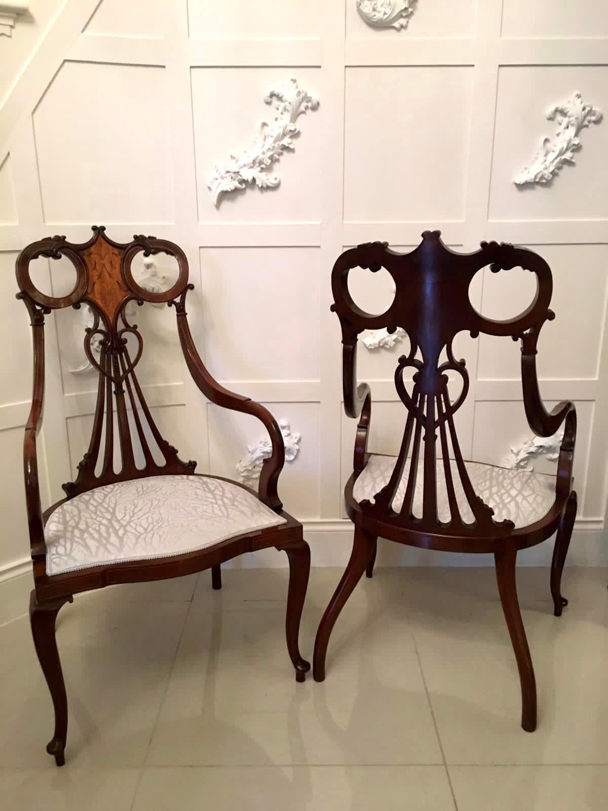 Outstanding Pair of 19th Century Victorian Antique Mahogany Inlaid Armchairs 5