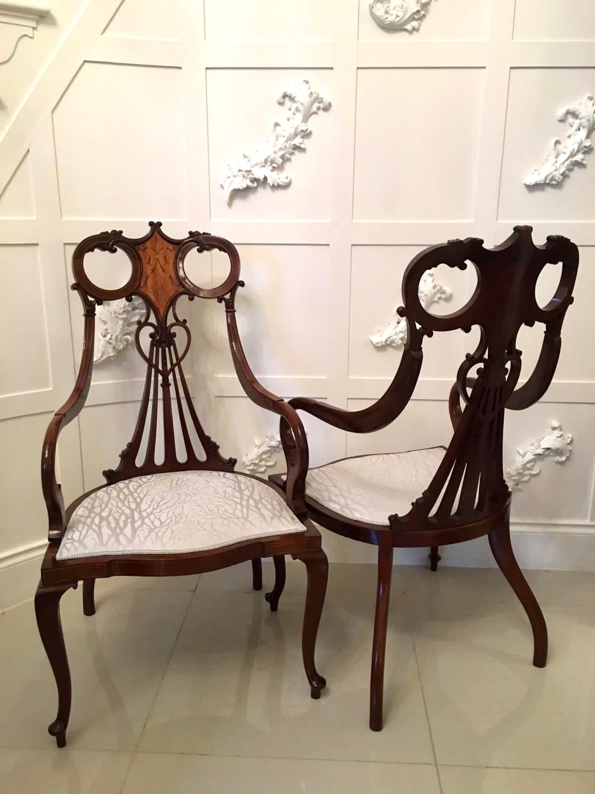 Hand-Carved Outstanding Pair of 19th Century Victorian Antique Mahogany Inlaid Armchairs