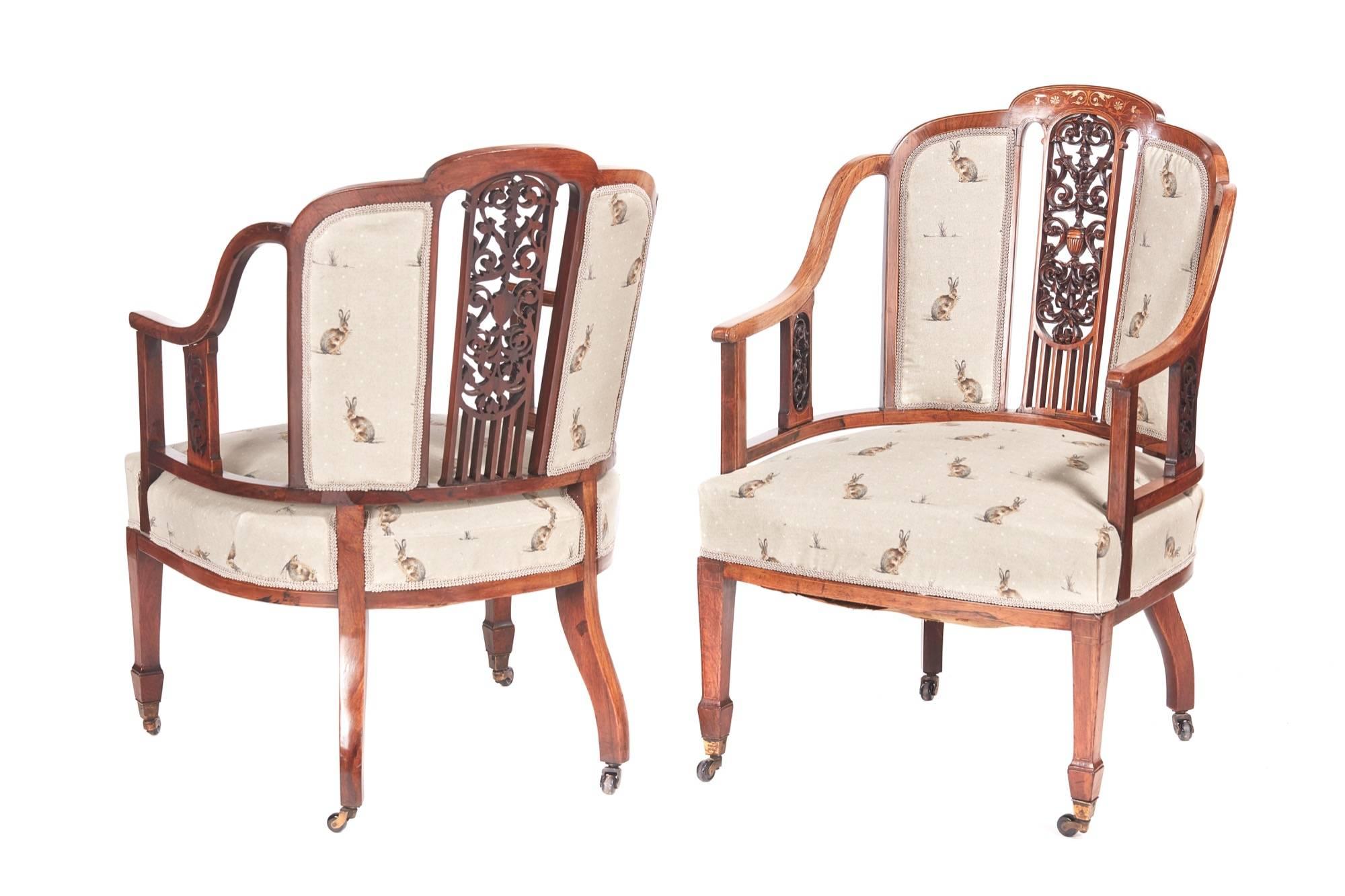 Outstanding Pair Of Edwardian Rosewood Inlaid Library Chairs 7
