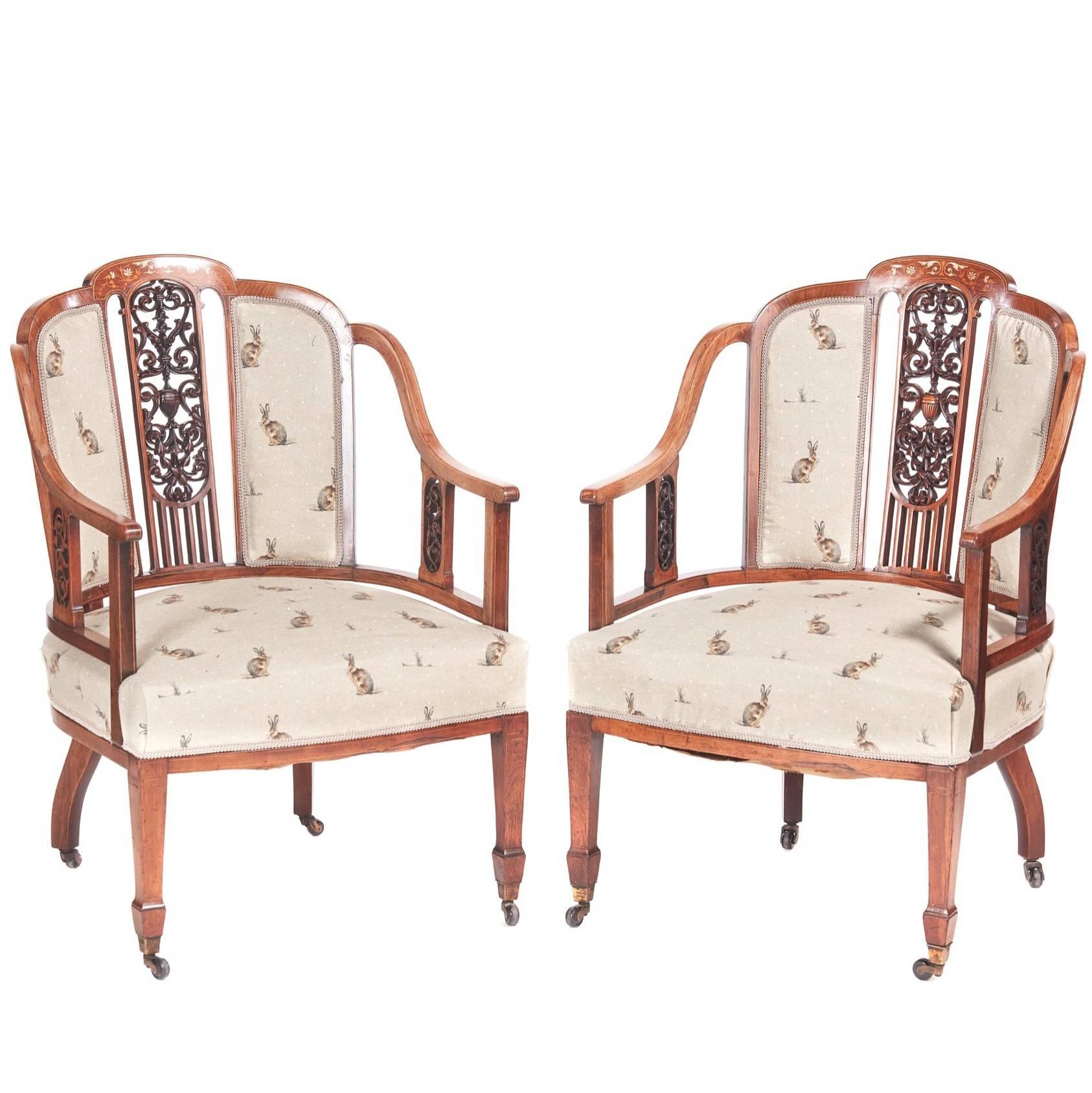 Outstanding Pair Of Edwardian Rosewood Inlaid Library Chairs