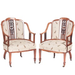 Vintage Outstanding Pair Of Edwardian Rosewood Inlaid Library Chairs