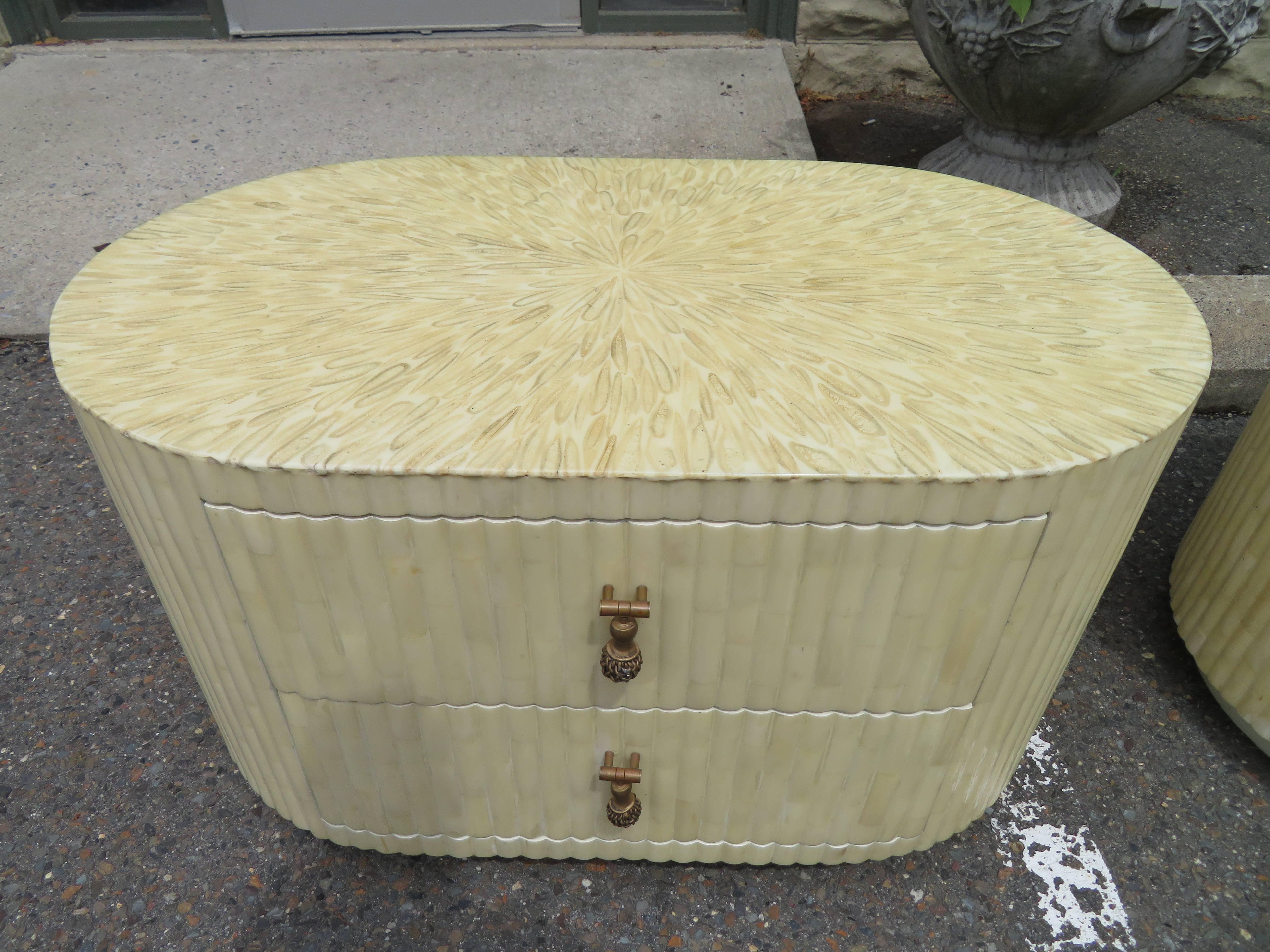 Mid-Century Modern Outstanding Pair of Enrique Garcel Tessellated Bone Oval Nightstand End Tables