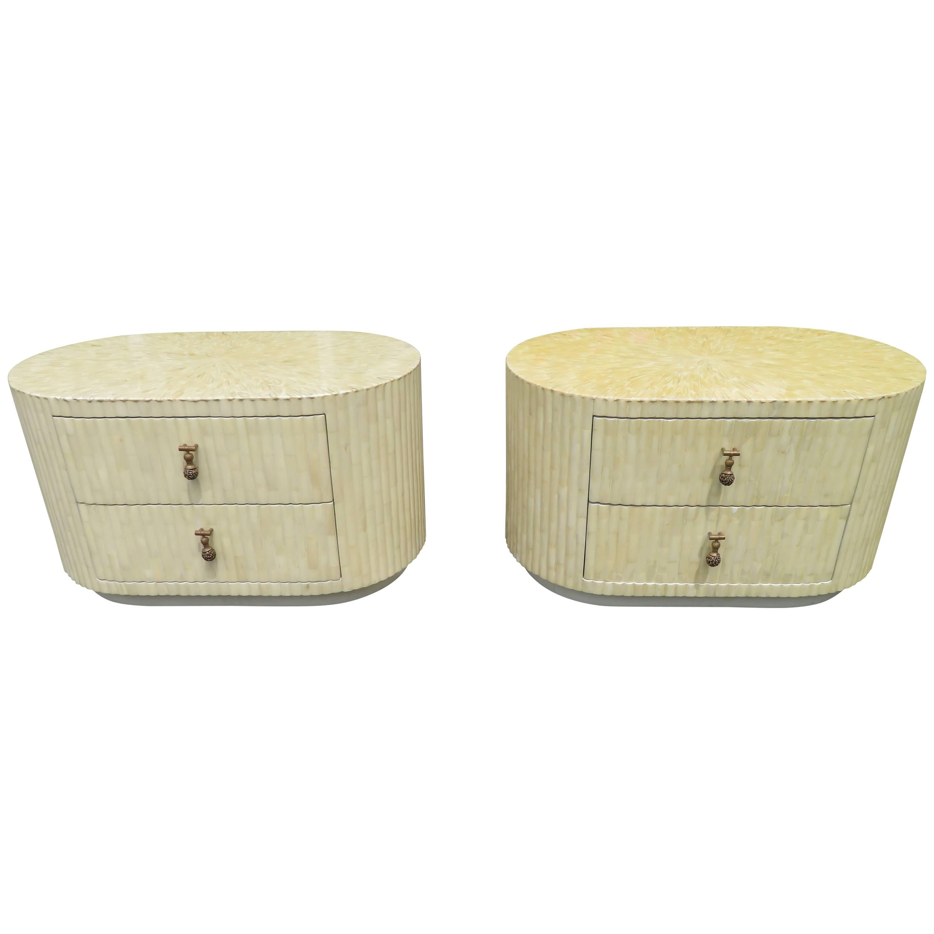 Outstanding Pair of Enrique Garcel Tessellated Bone Oval Nightstand End Tables