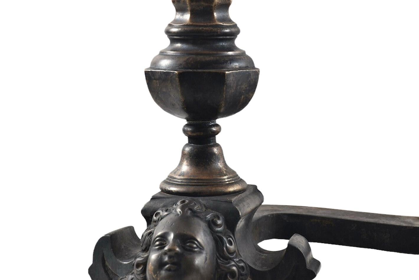 Late Victorian Outstanding Pair of German Historism Victorian Andirons with Angel Heads For Sale