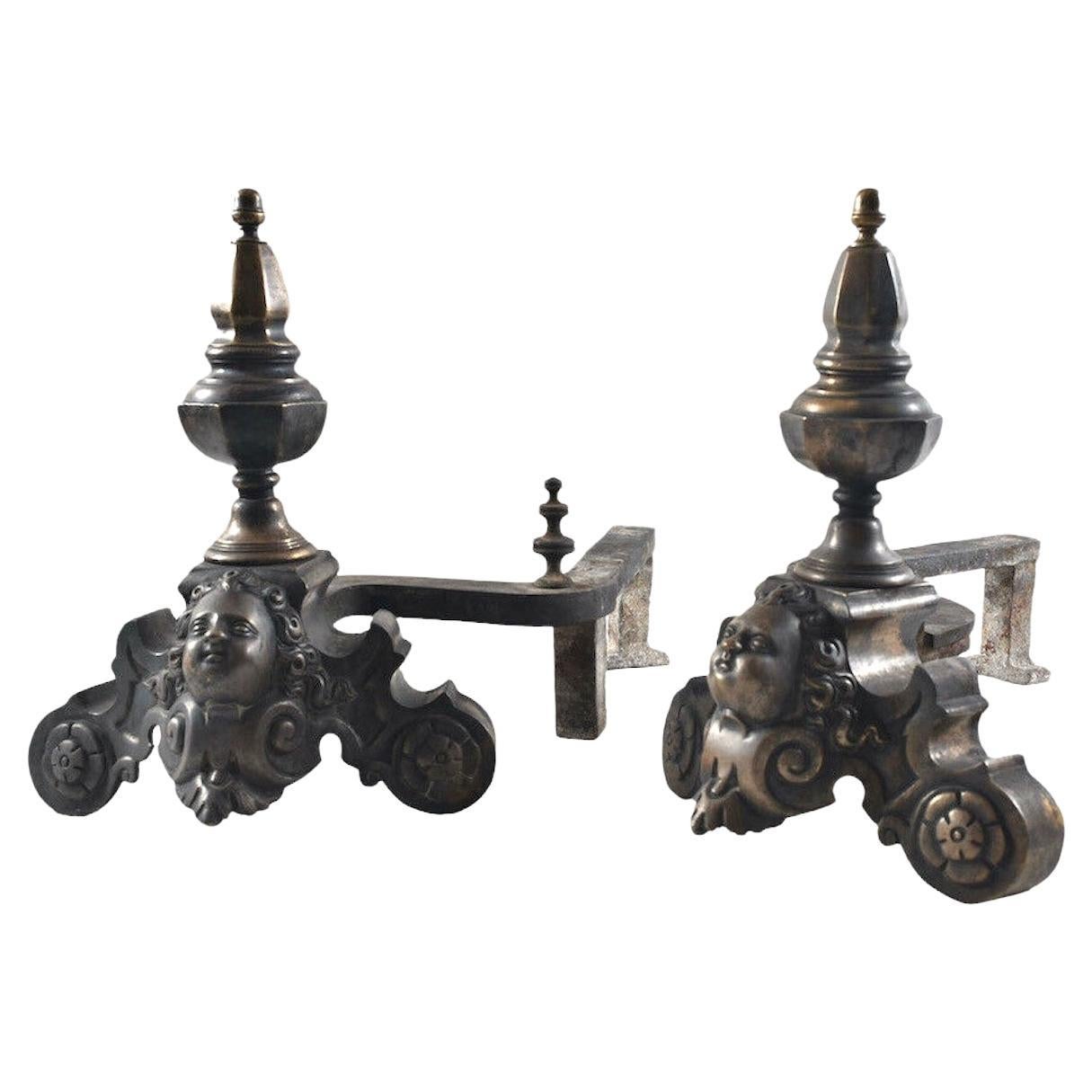Outstanding Pair of German Historism Victorian Andirons with Angel Heads For Sale