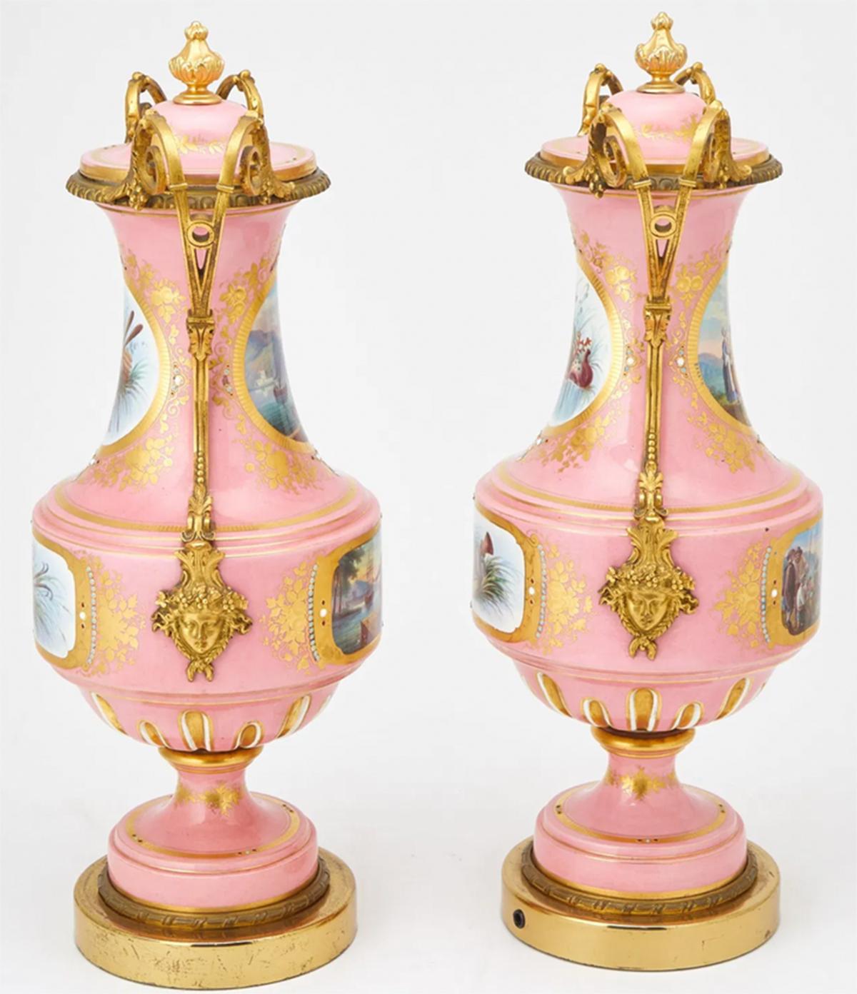 Fired Outstanding Pair of  Gilt-Bronze Mounted  Jeweled Porcelain  Covered Vases For Sale
