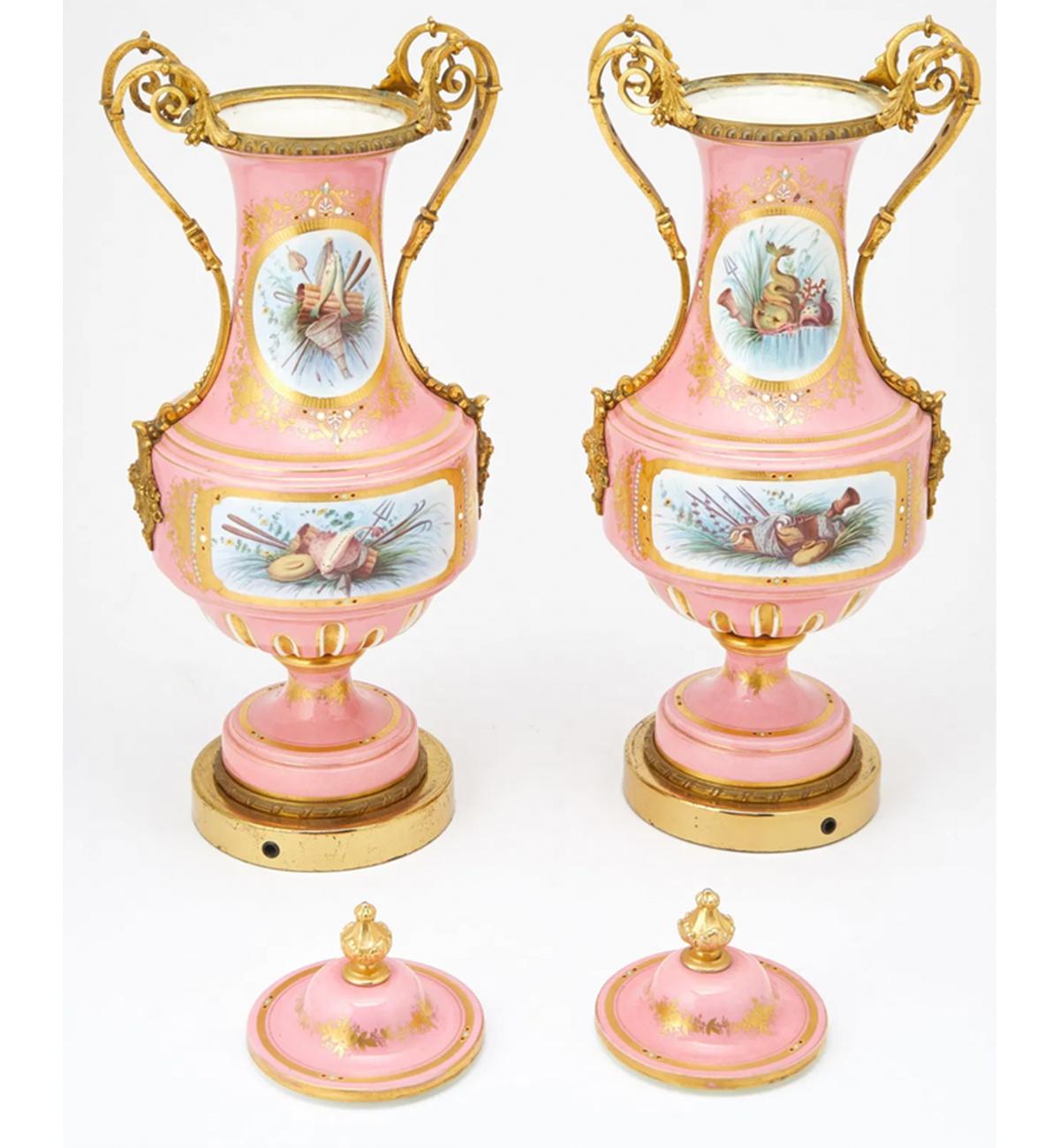 Outstanding Pair of  Gilt-Bronze Mounted  Jeweled Porcelain  Covered Vases In Good Condition For Sale In New York, NY