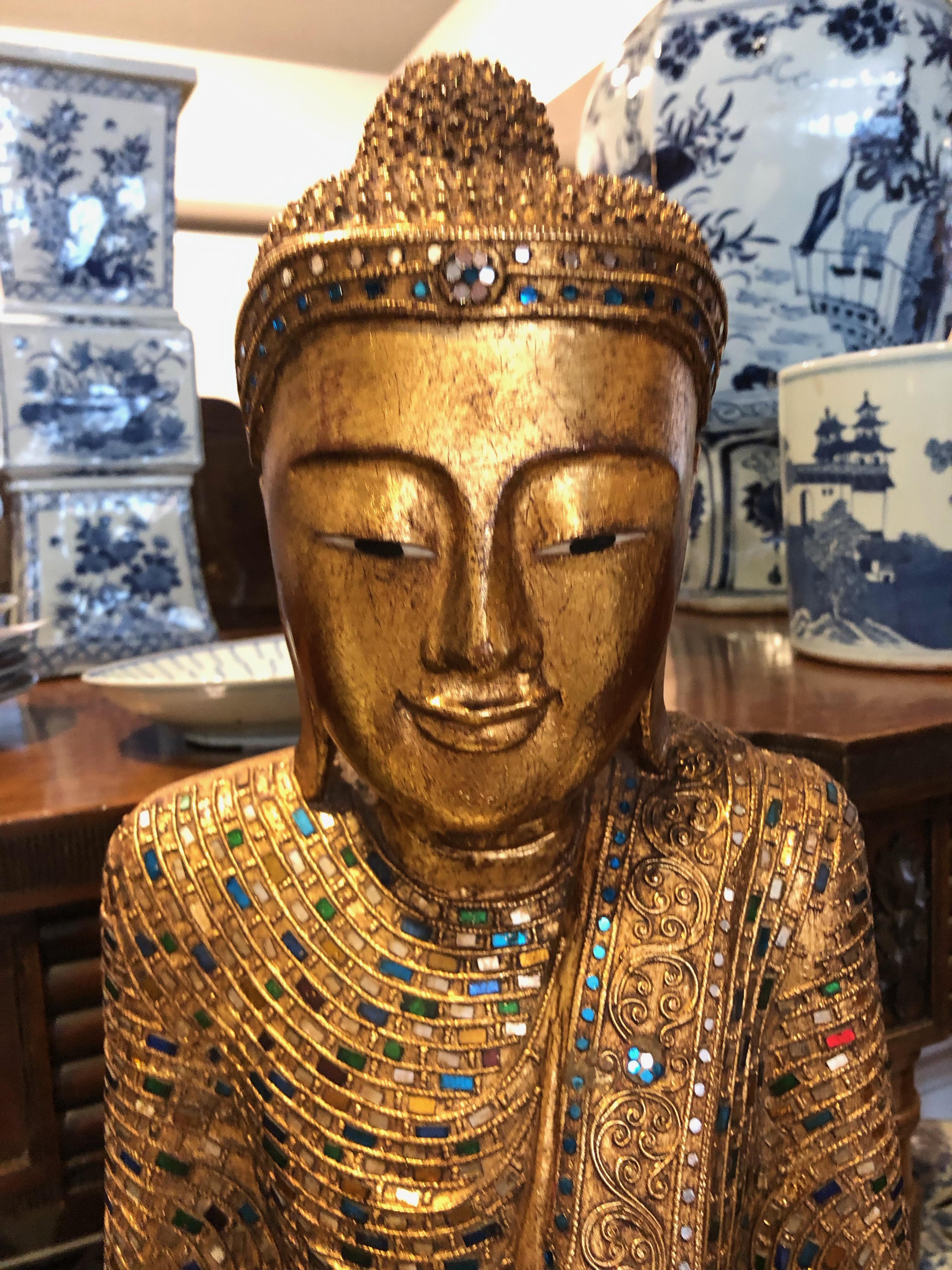Tibetan Pair of Gold Leafed Standing Thai Buddhas Statues