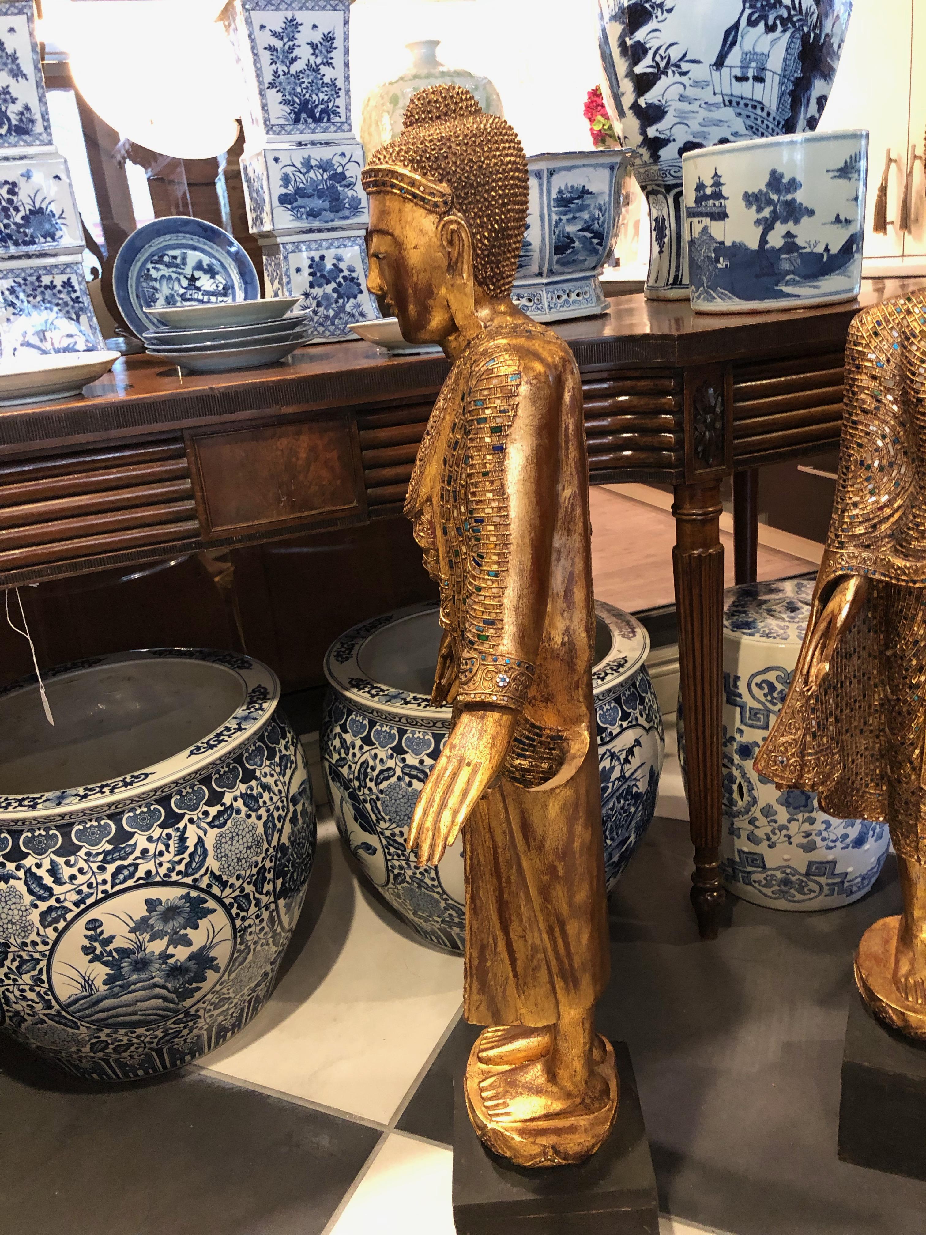 Hand-Carved Pair of Gold Leafed Standing Thai Buddhas Statues