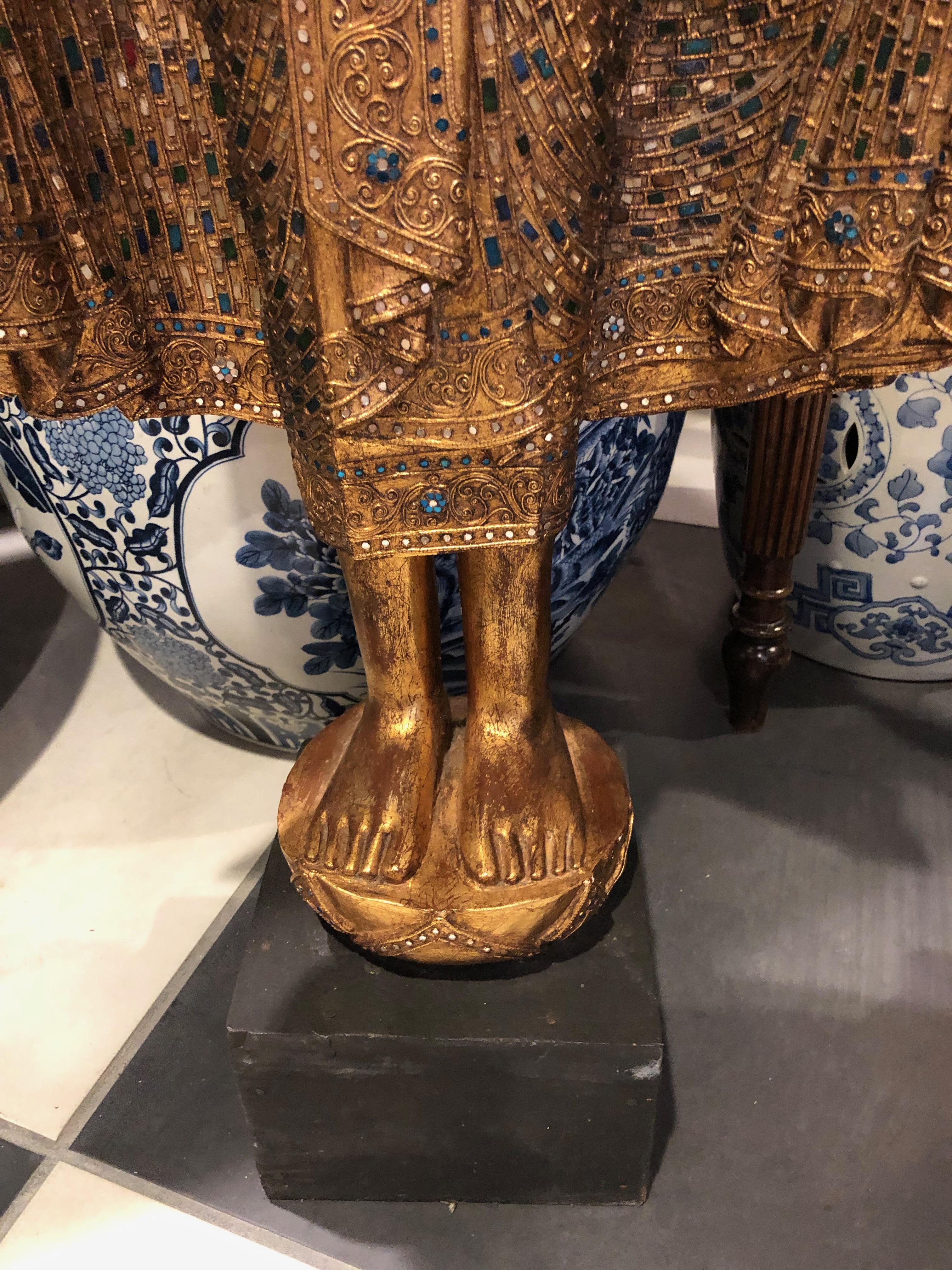 Pair of Gold Leafed Standing Thai Buddhas Statues In Good Condition In Sarasota, FL