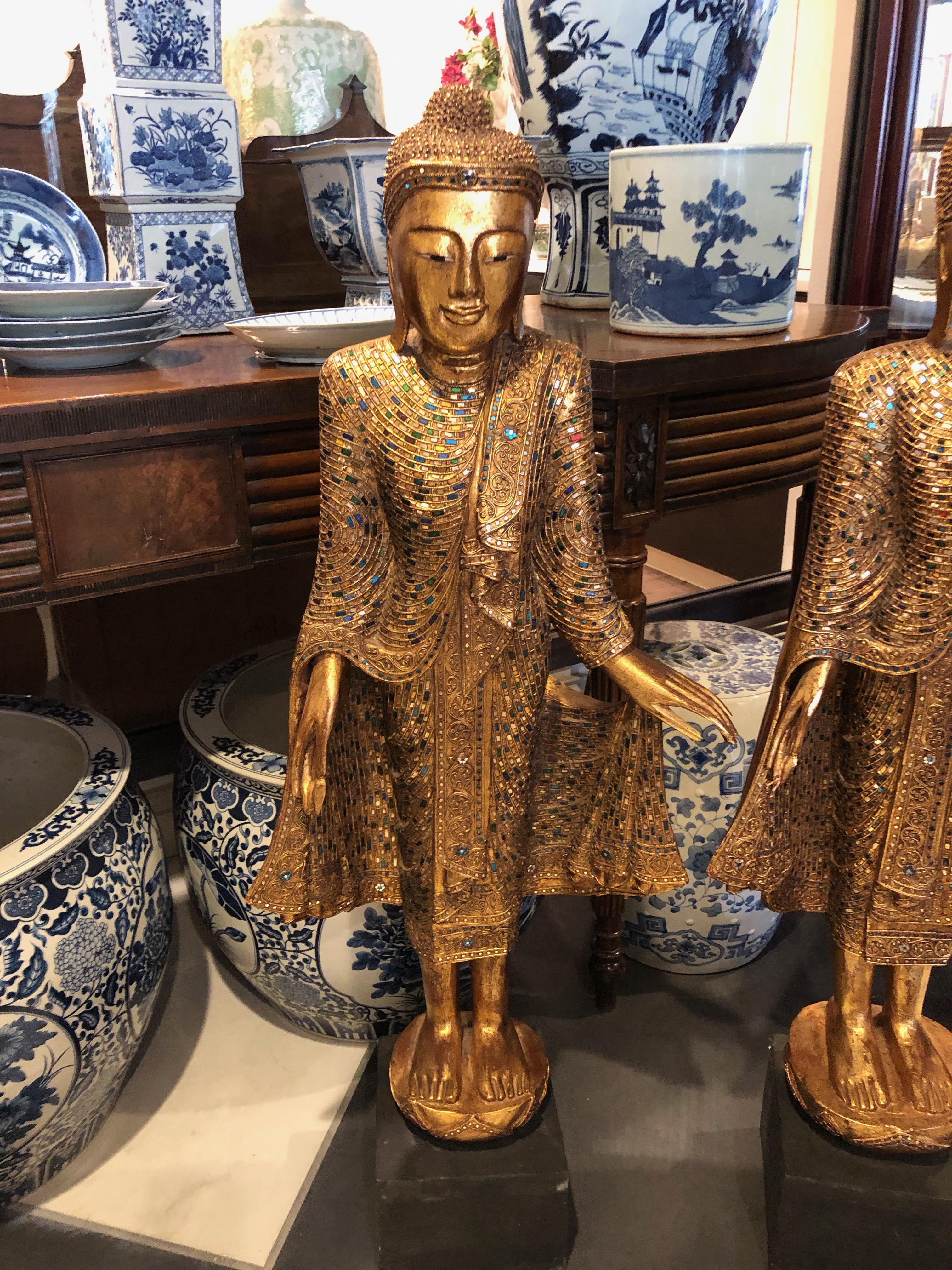 Pair of Gold Leafed Standing Thai Buddhas Statues 1