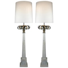 Outstanding Pair of Italian Marble and Gilded Palm Floor Lamps