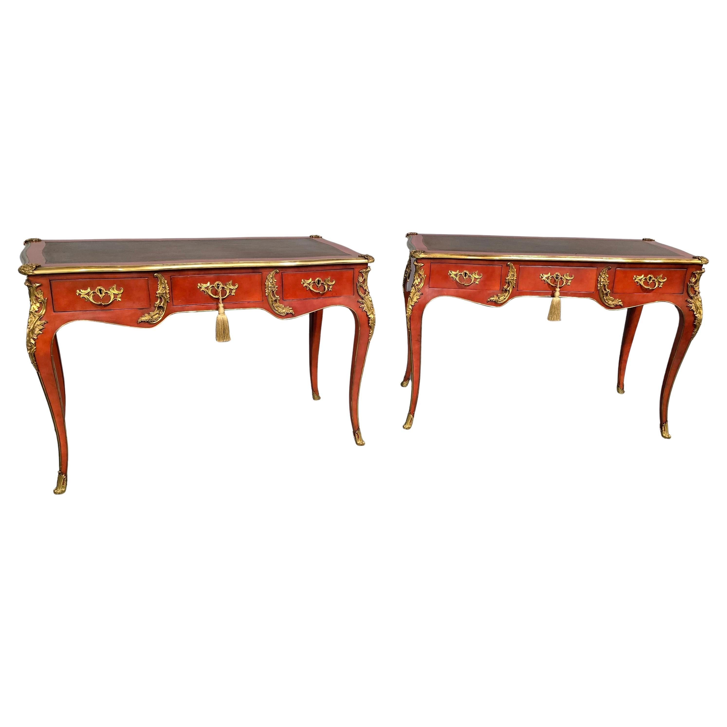 Outstanding Pair of Red Laquered Bureau Plat Desks For Sale