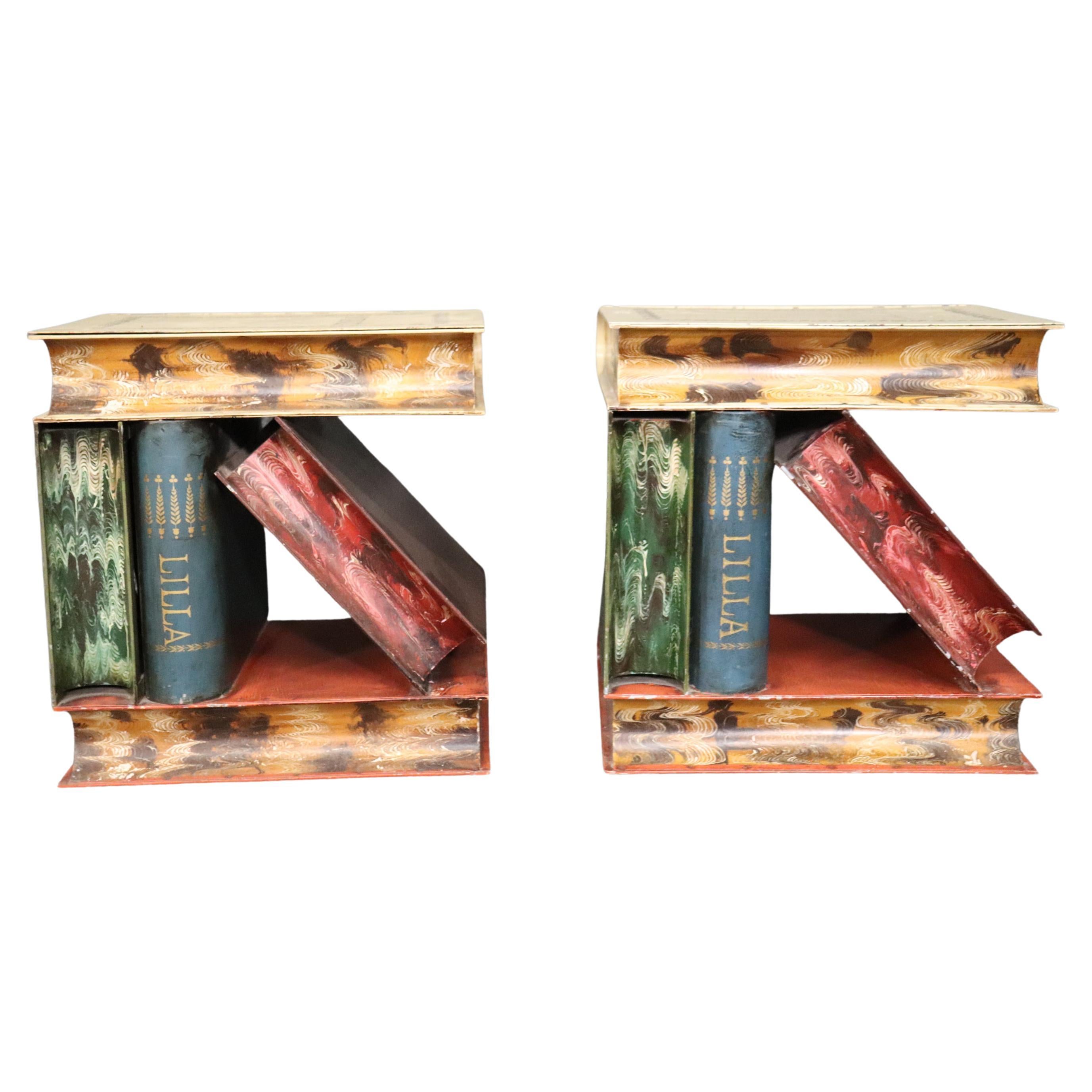 Outstanding Pair of Tole Painted Metal Italian-Made End Tables Stacked Books