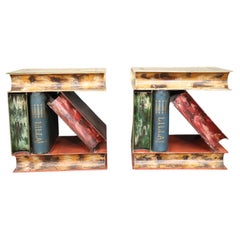 Vintage Outstanding Pair of Tole Painted Metal Italian-Made End Tables Stacked Books