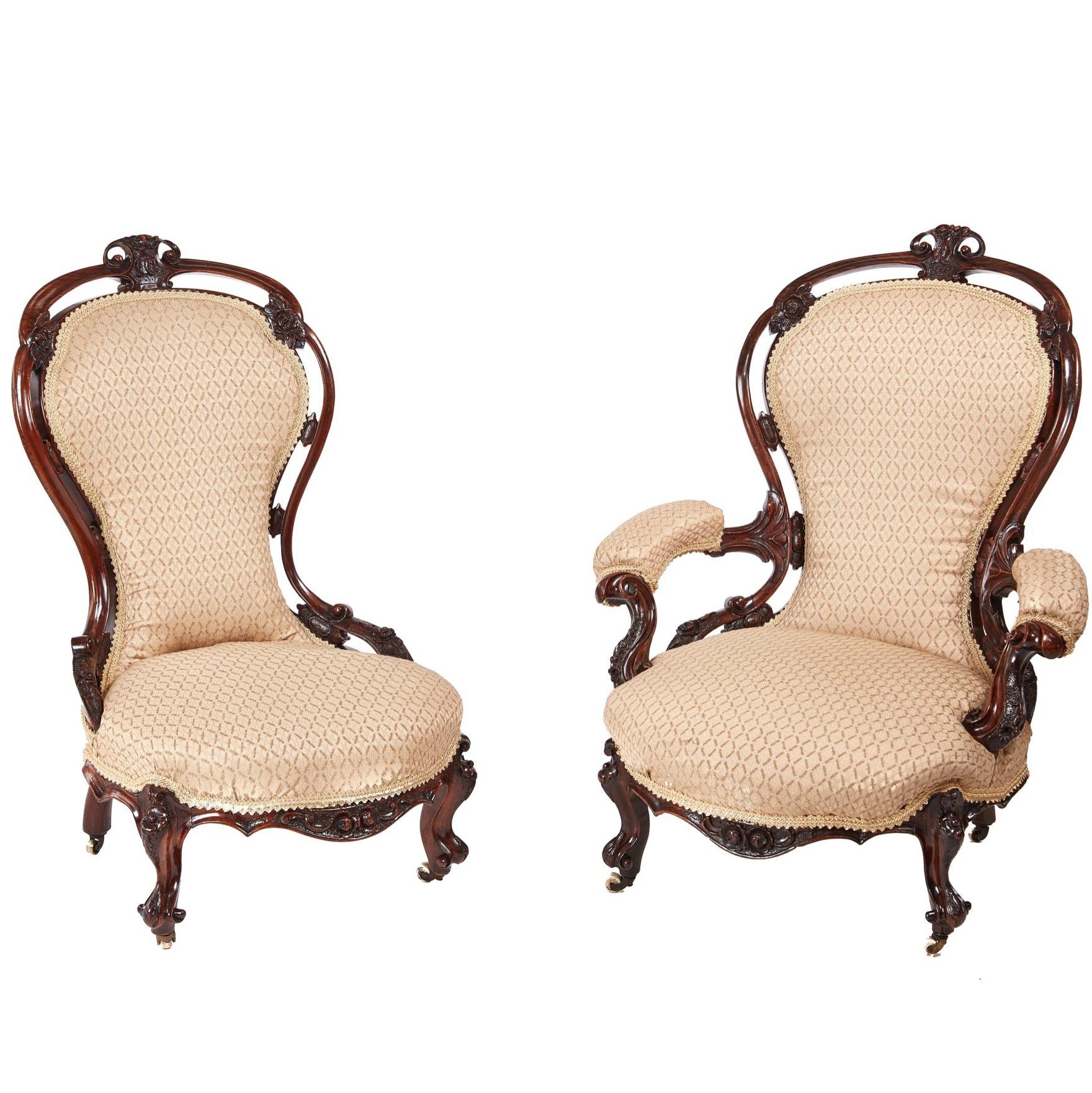 Outstanding Pair of Victorian Carved Walnut Chairs For Sale