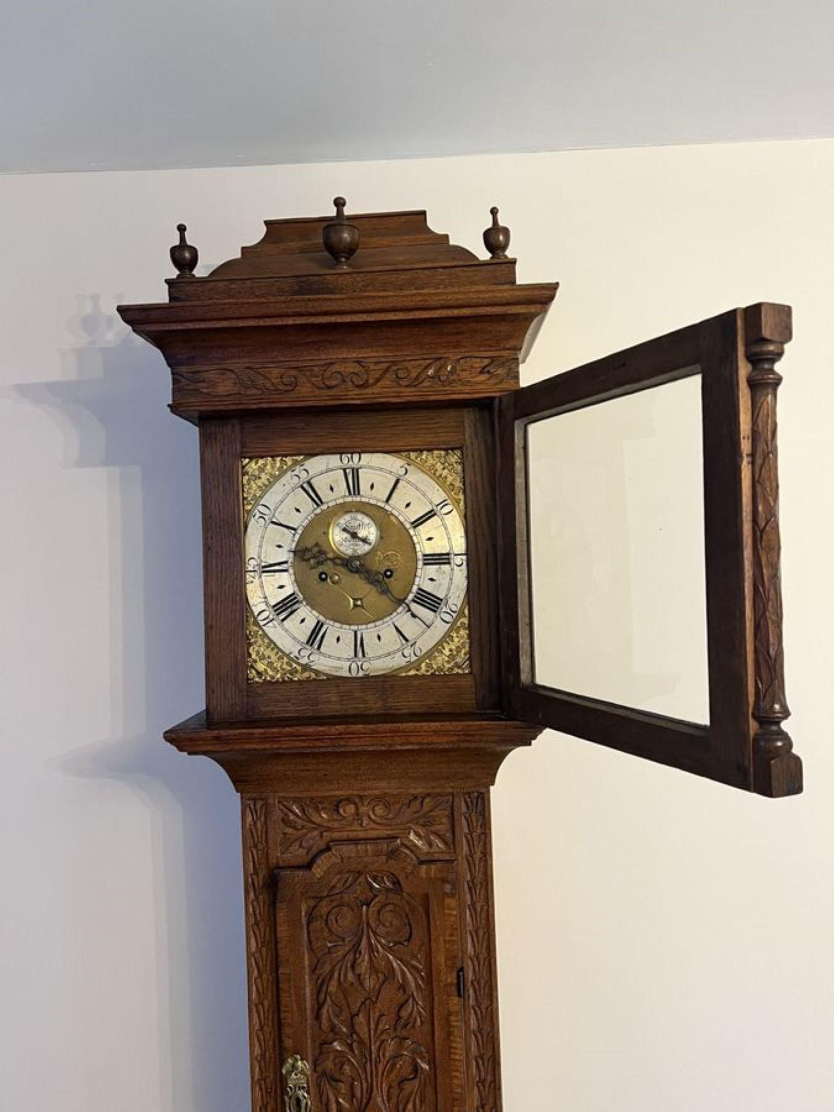 Oak Outstanding quality 18th century carved oak long case clock