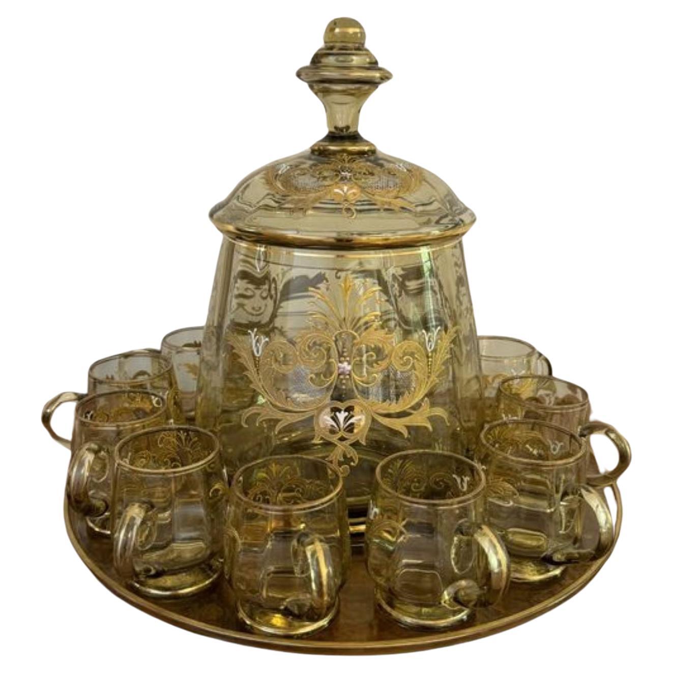 Outstanding quality antique bohemian glass punch bowl set