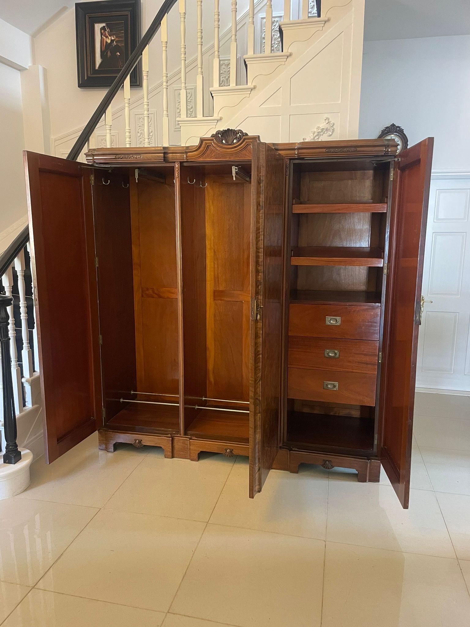 20th Century Outstanding Quality Antique Carved Burr Walnut 3 Door Wardrobe