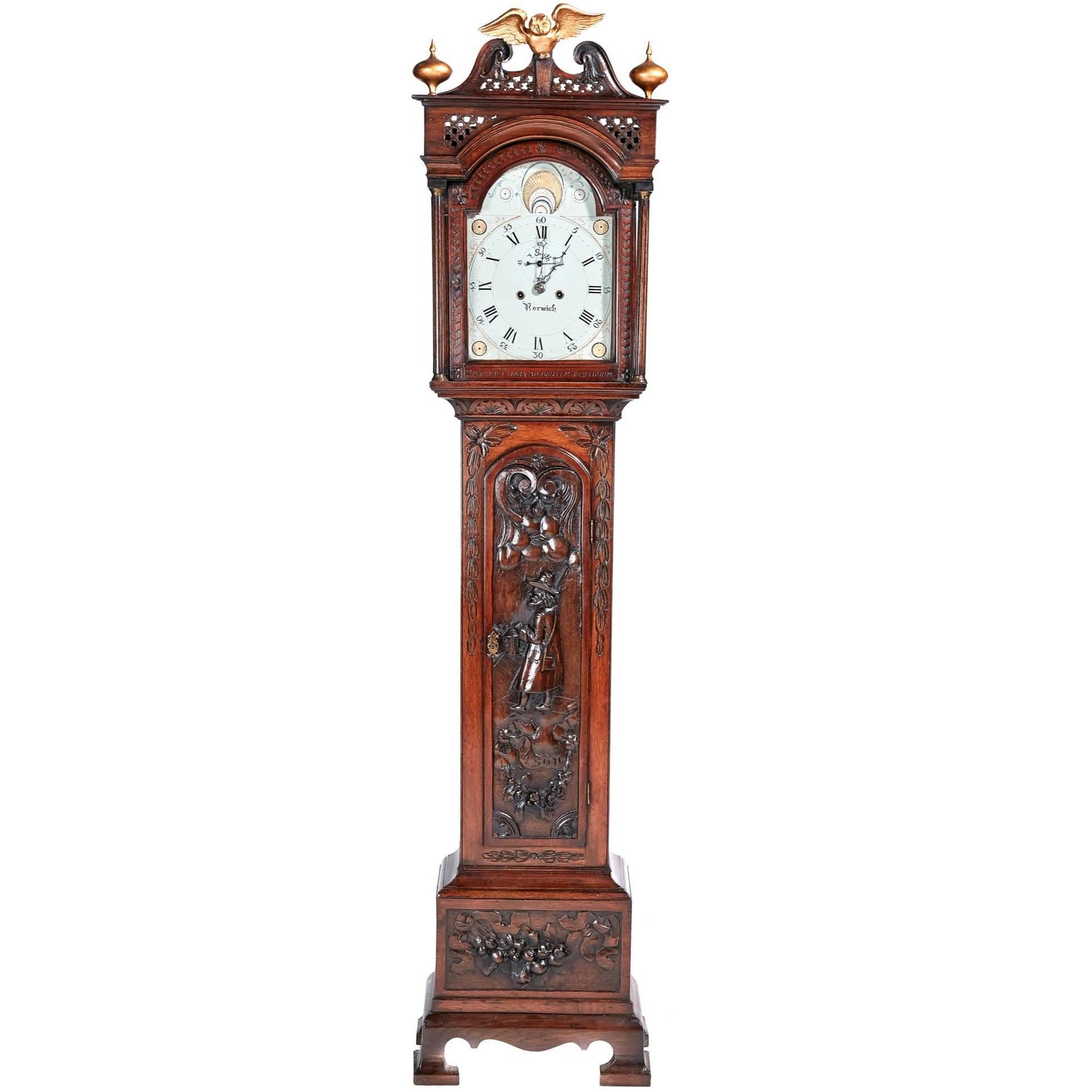 Outstanding Quality Antique Carved Oak 8 Day Grandfather Clock