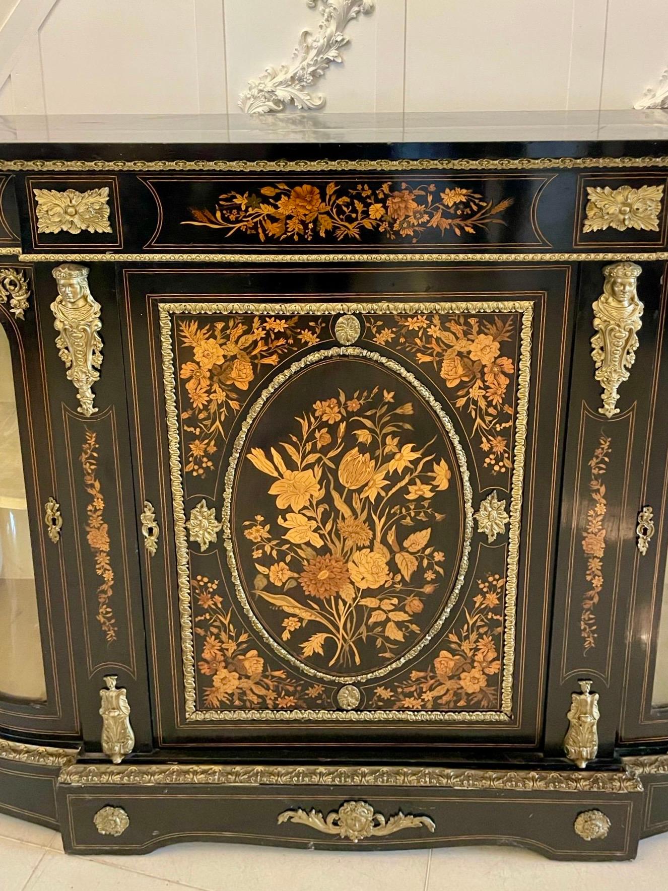 Outstanding Quality Antique Ebonised and Inlaid Floral Marquetry Credenza For Sale 5