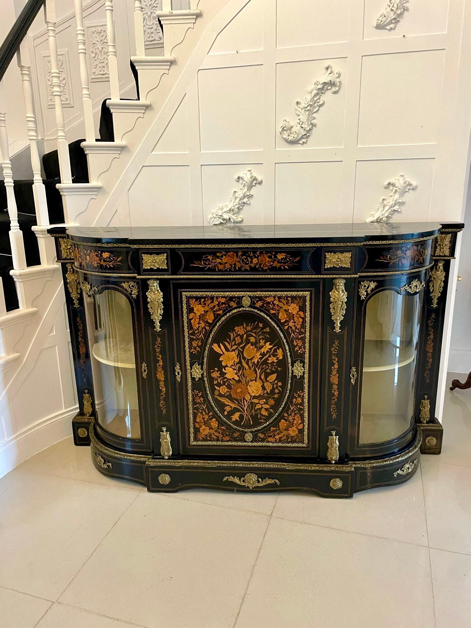 Outstanding Quality Antique Ebonised and Inlaid Floral Marquetry Credenza For Sale 7