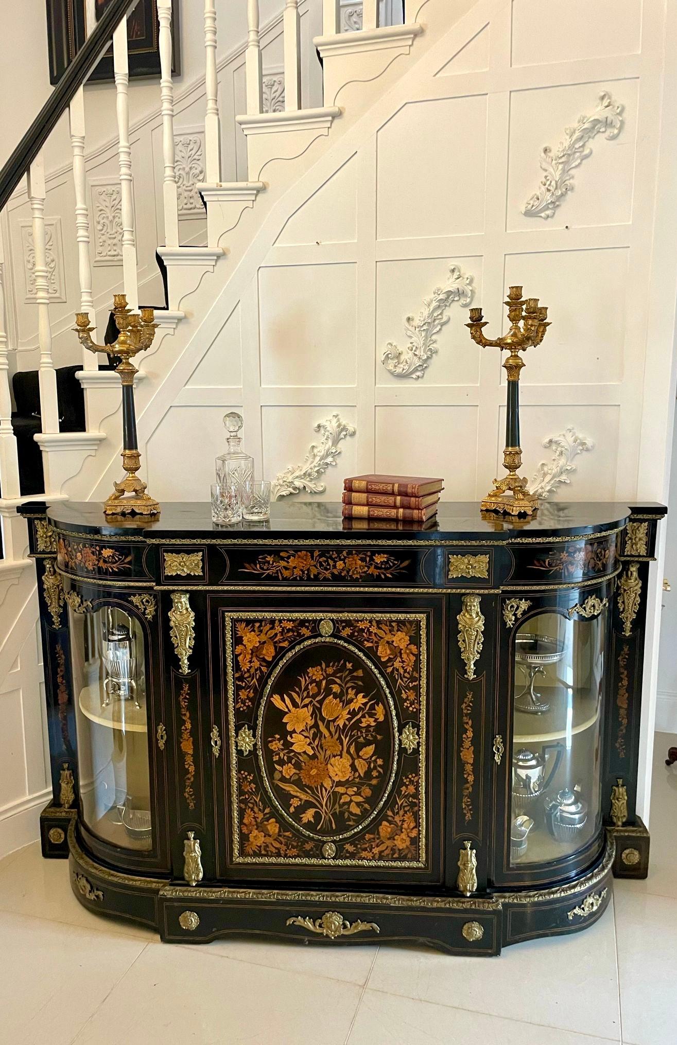 English Outstanding Quality Antique Ebonised and Inlaid Floral Marquetry Credenza For Sale