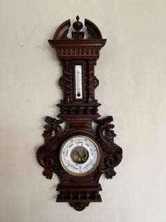 Outstanding quality antique Edwardian carved walnut aneroid barometer