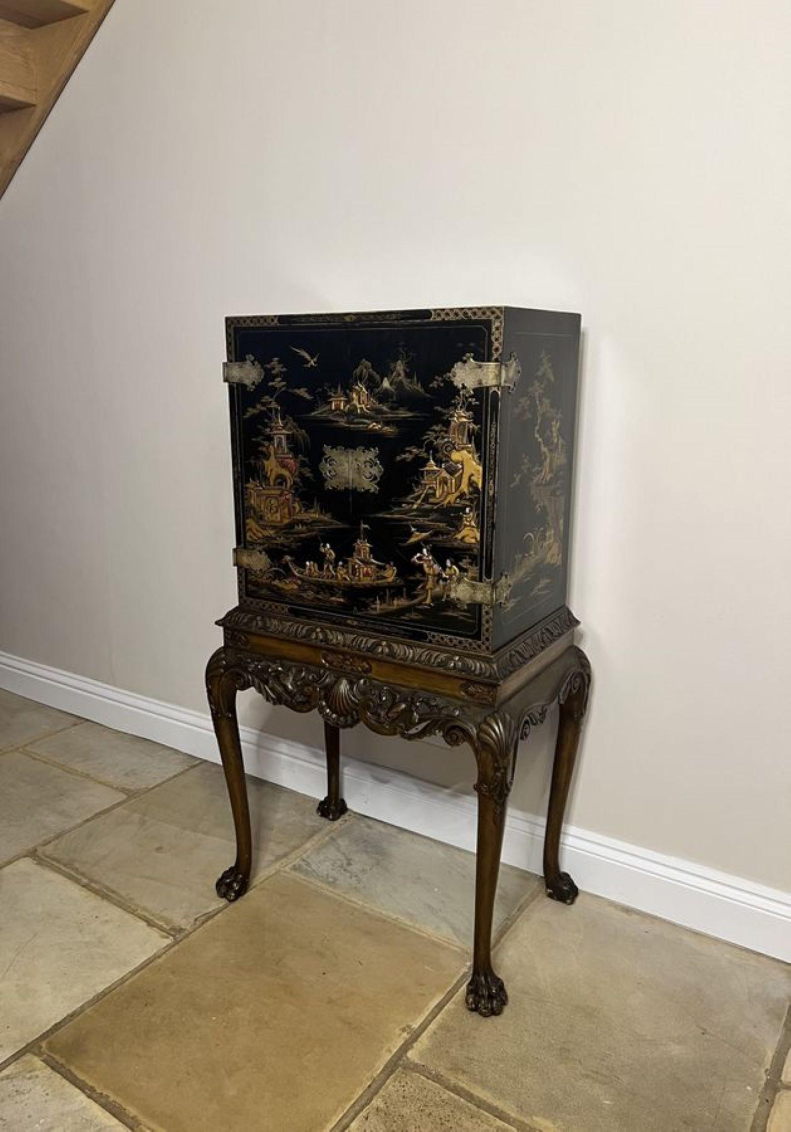 Outstanding quality antique Edwardian chinoiserie decorated cabinet on a stand 5
