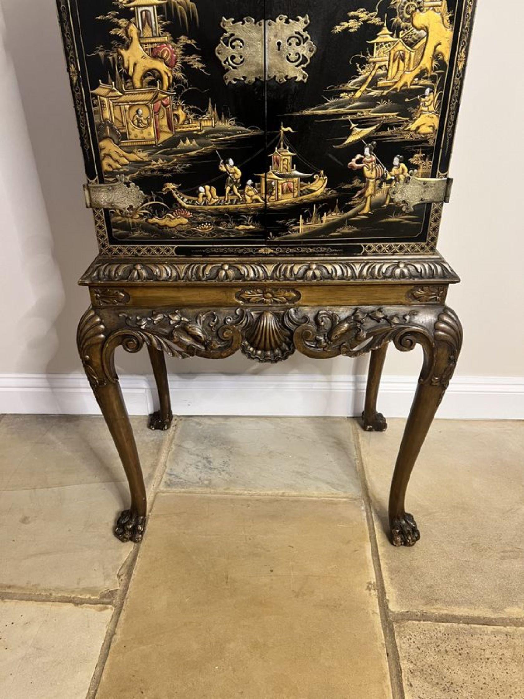 Outstanding quality antique Edwardian chinoiserie decorated cabinet on a stand In Good Condition In Ipswich, GB