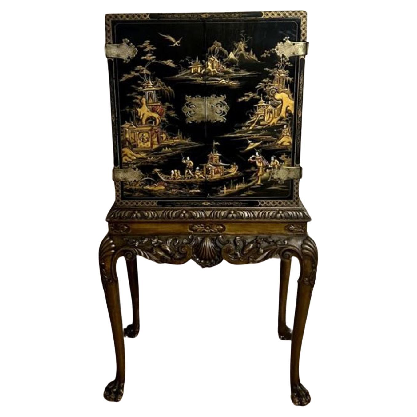 Outstanding quality antique Edwardian chinoiserie decorated cabinet on a stand
