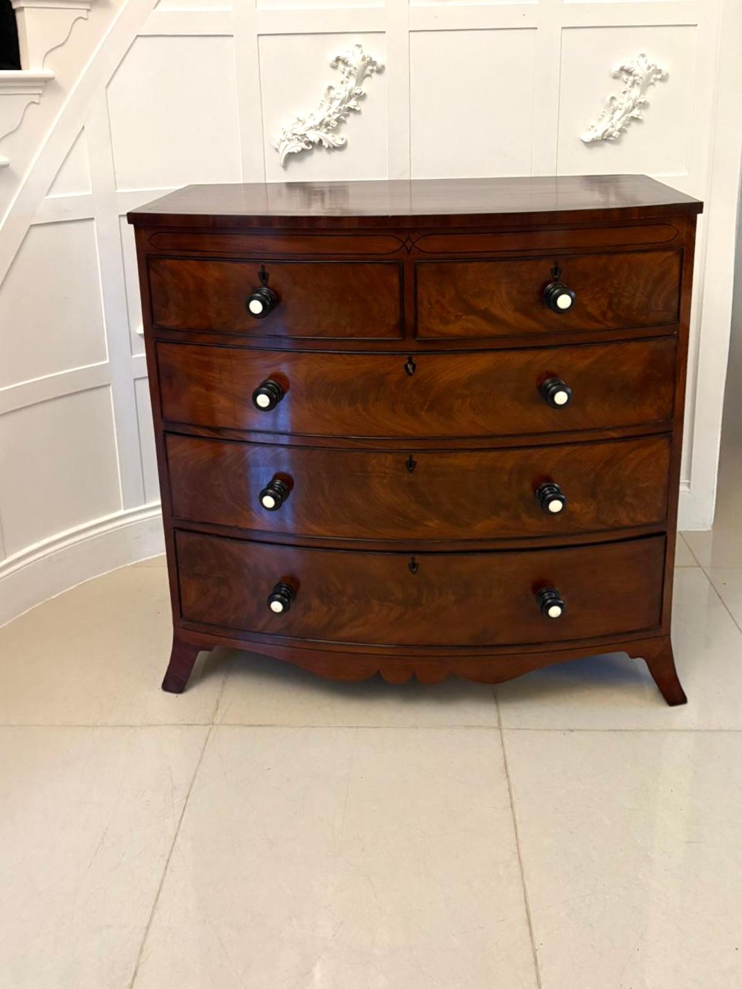 Outstanding Quality Antique Figured Mahogany Bow Fronted Chest of 5 Drawers 6