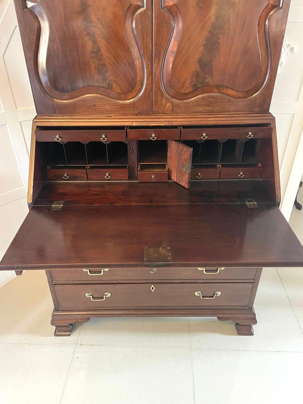 Outstanding Quality Antique George II Figured Mahogany Bureau Bookcase For Sale 11