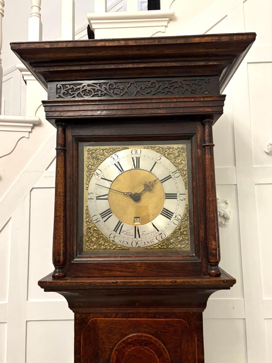 Outstanding Quality Antique George III Oak & Burr Oak Brass Face Longcase Clock For Sale 7