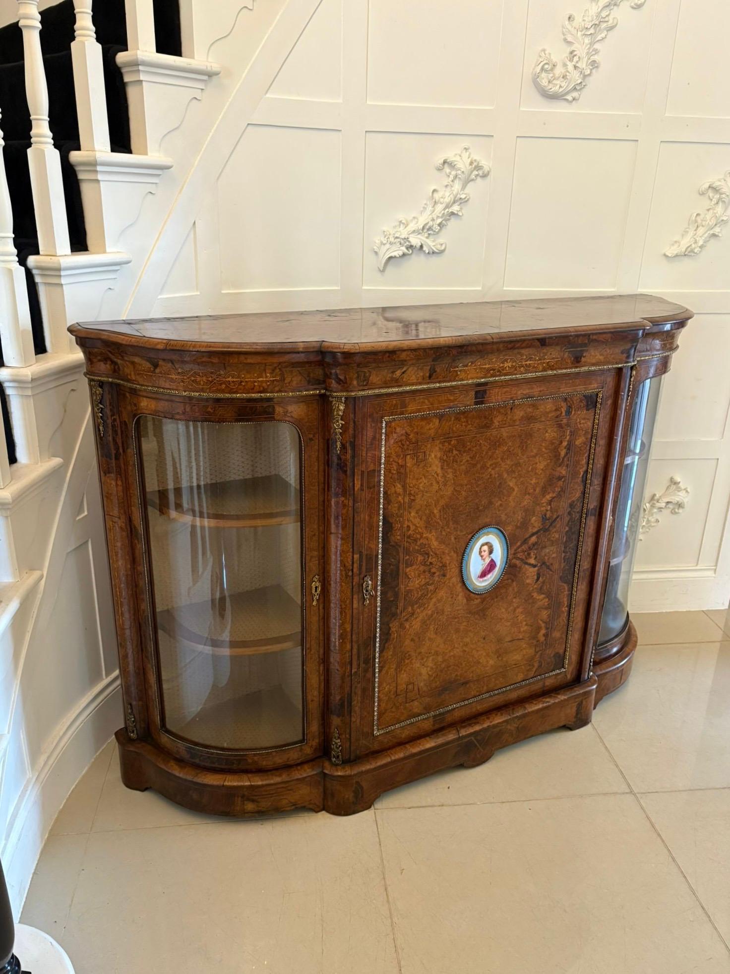 Outstanding Quality Antique Inlaid Burr Walnut Porcelain Mounted Credenza For Sale 8