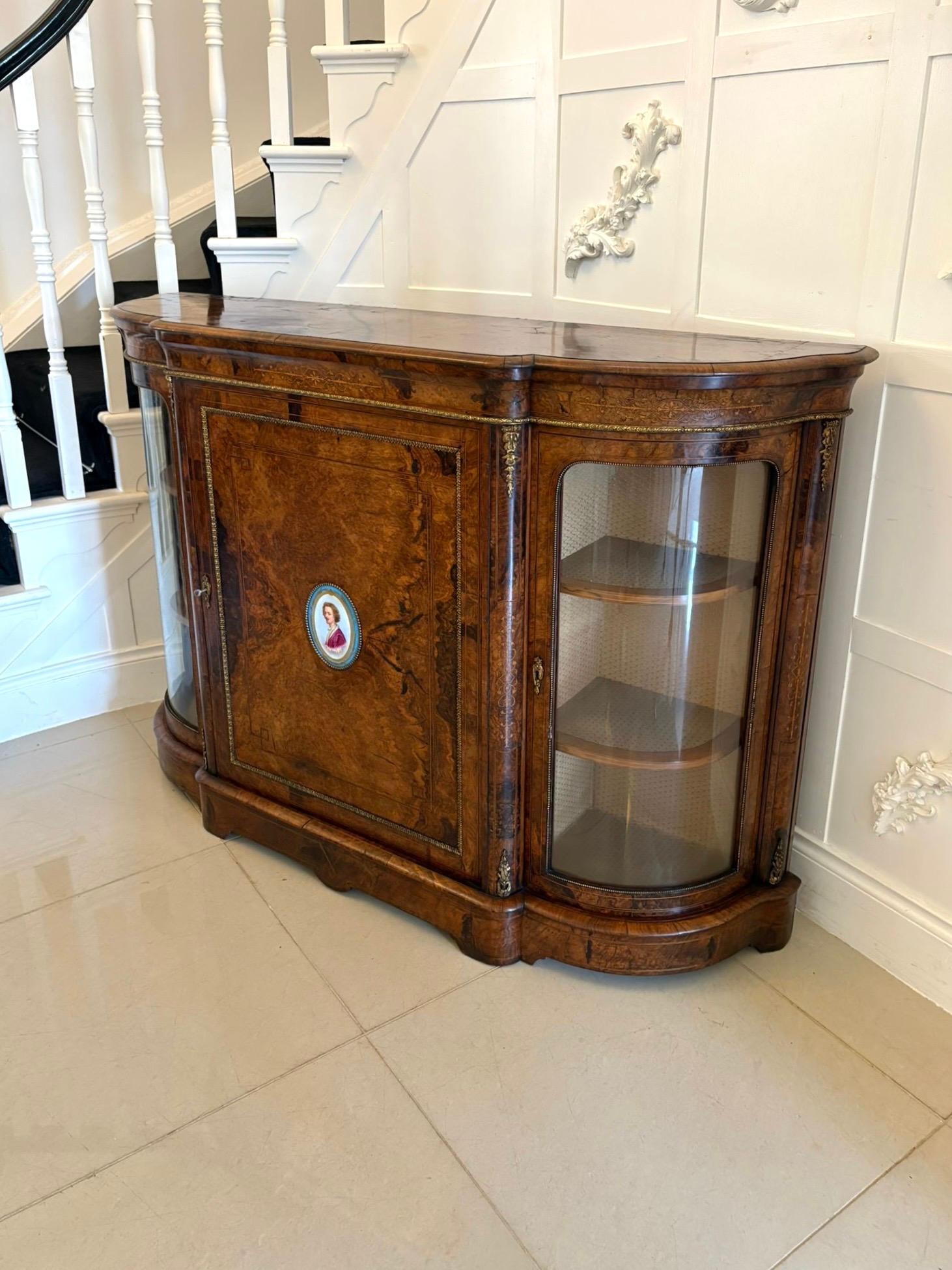 Outstanding Quality Antique Inlaid Burr Walnut Porcelain Mounted Credenza For Sale 9